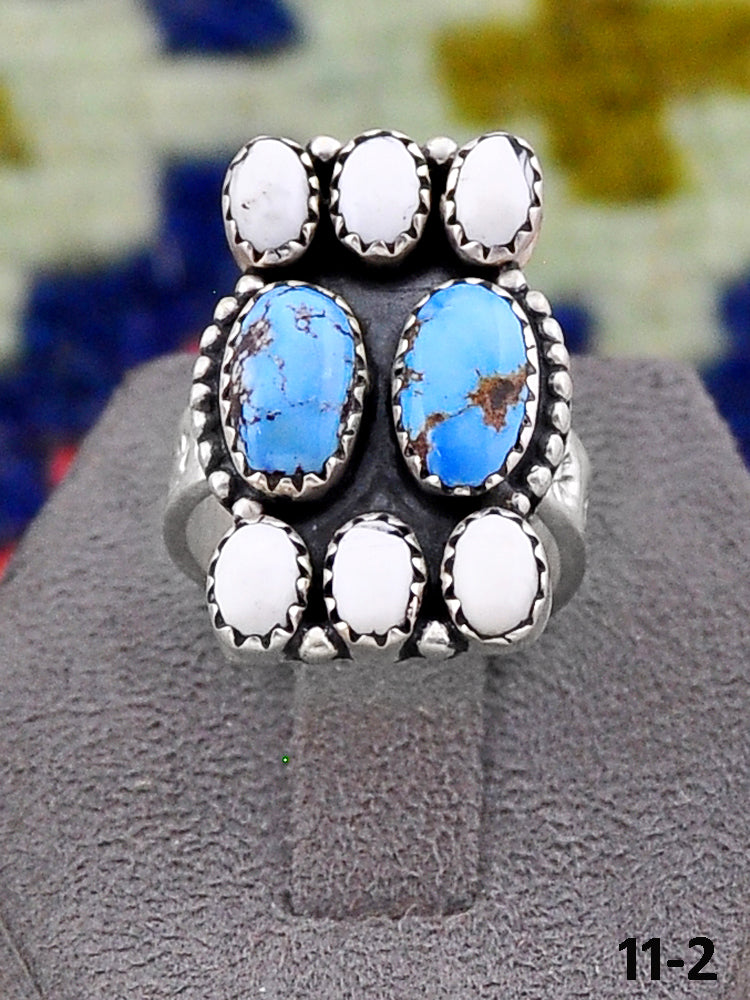 Southwest Handmade White Buffalo with Golden Hills Turquoise & Sterling Silver Adjustable Ring