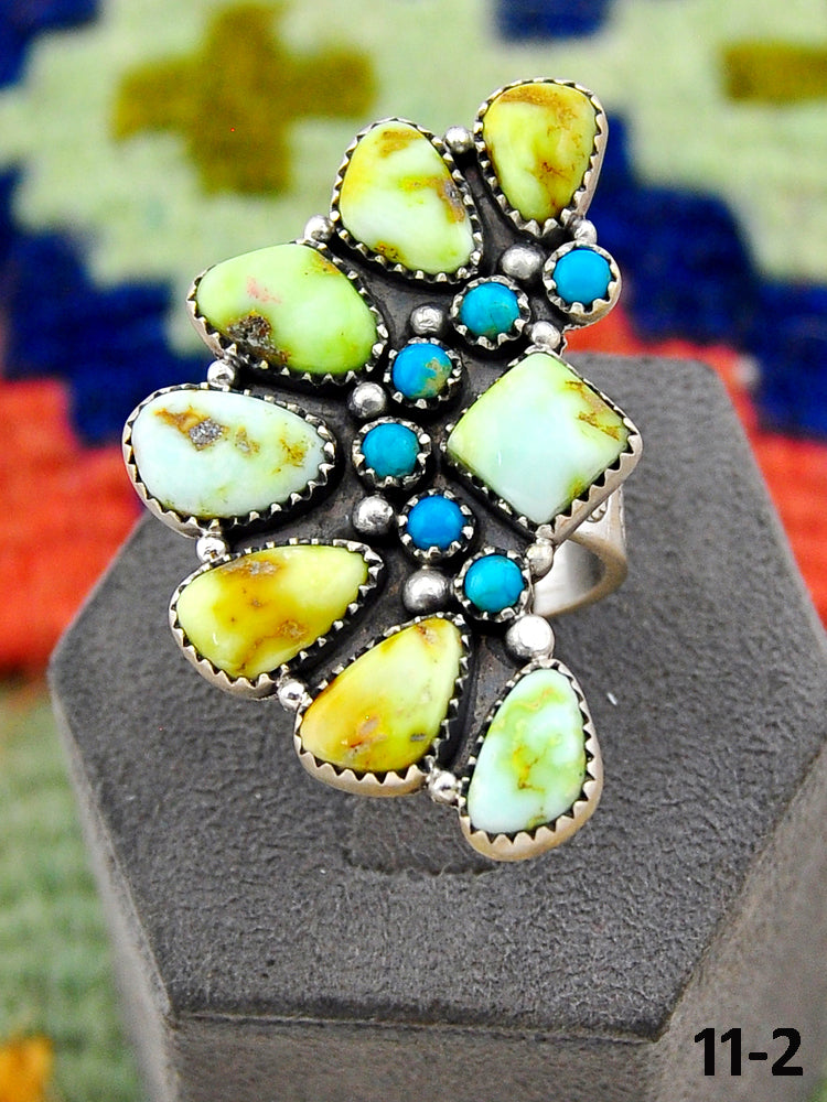 Southwest Handmade Palomino Turquoise with Mohave Turquoise & Sterling Silver Adjustable Ring