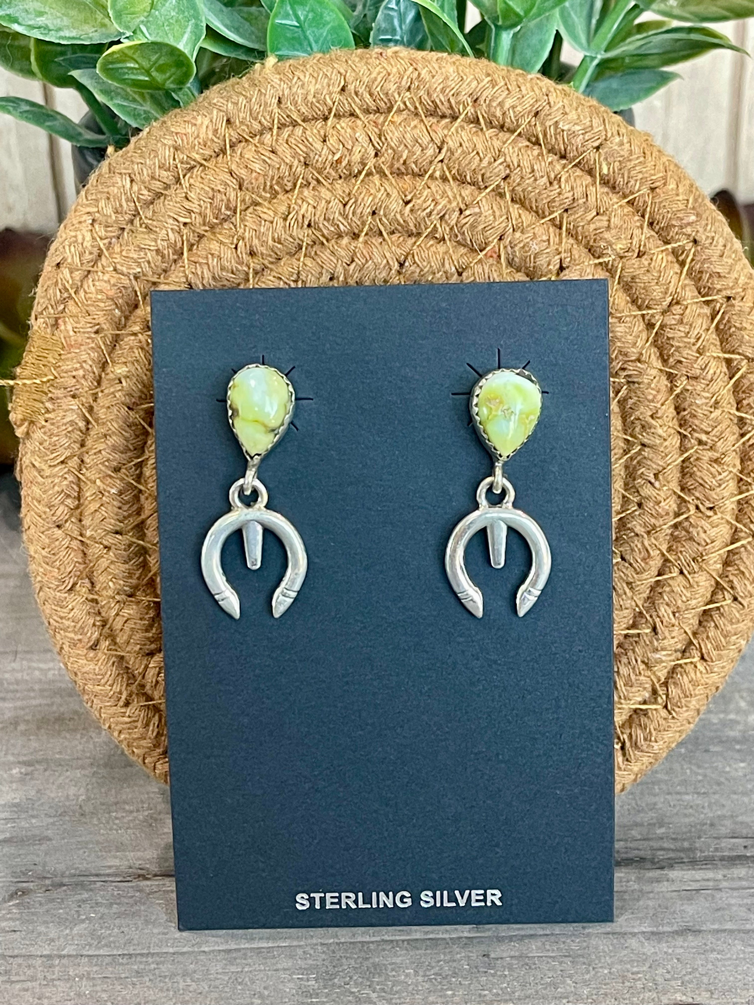 Southwest Handmade Palomino Variscite & Sterling Silver Post Dangle Naja Earrings