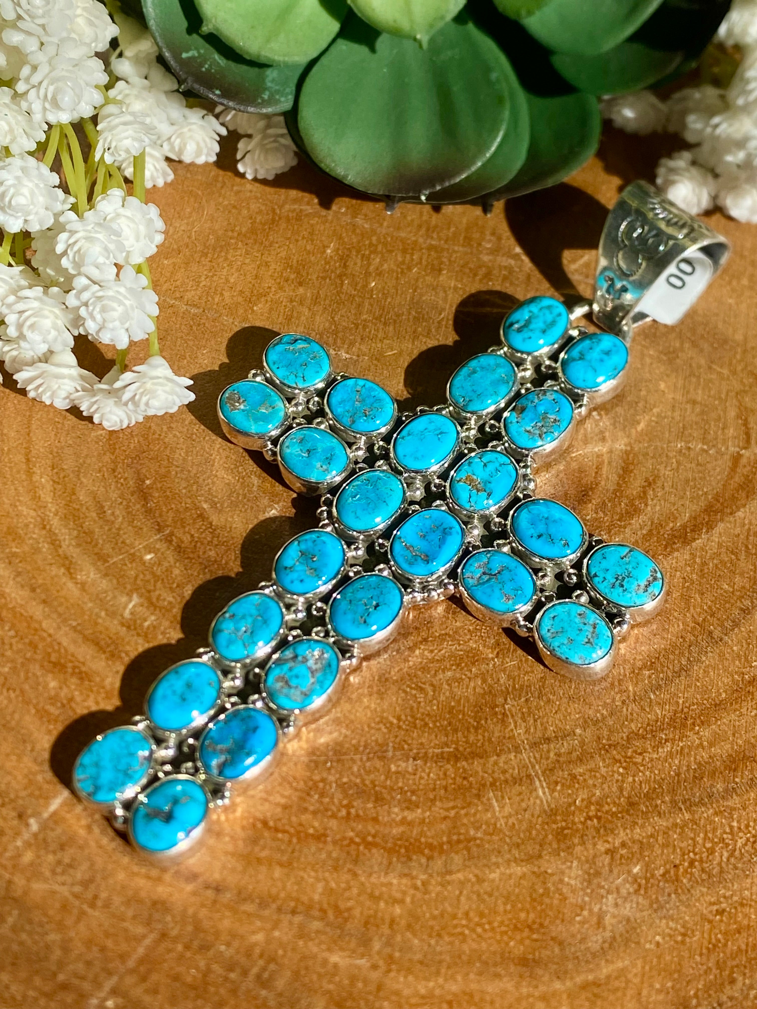 Zia Navajo Made Kingman Turquoise & Sterling Silver Cross PENDANT ONLY