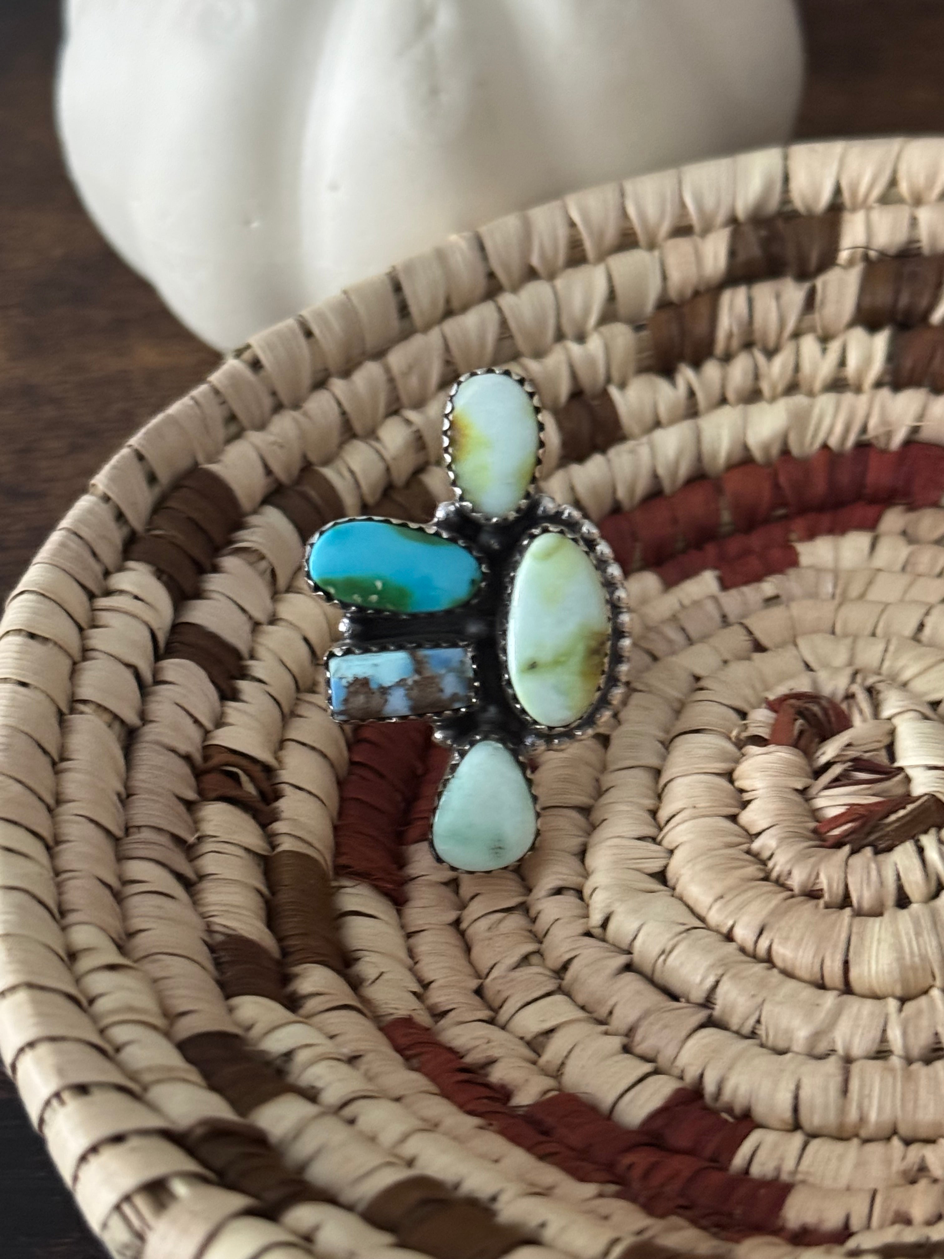 Southwest Handmade Multi Stone & Sterling Silver Adjustable Cluster Ring