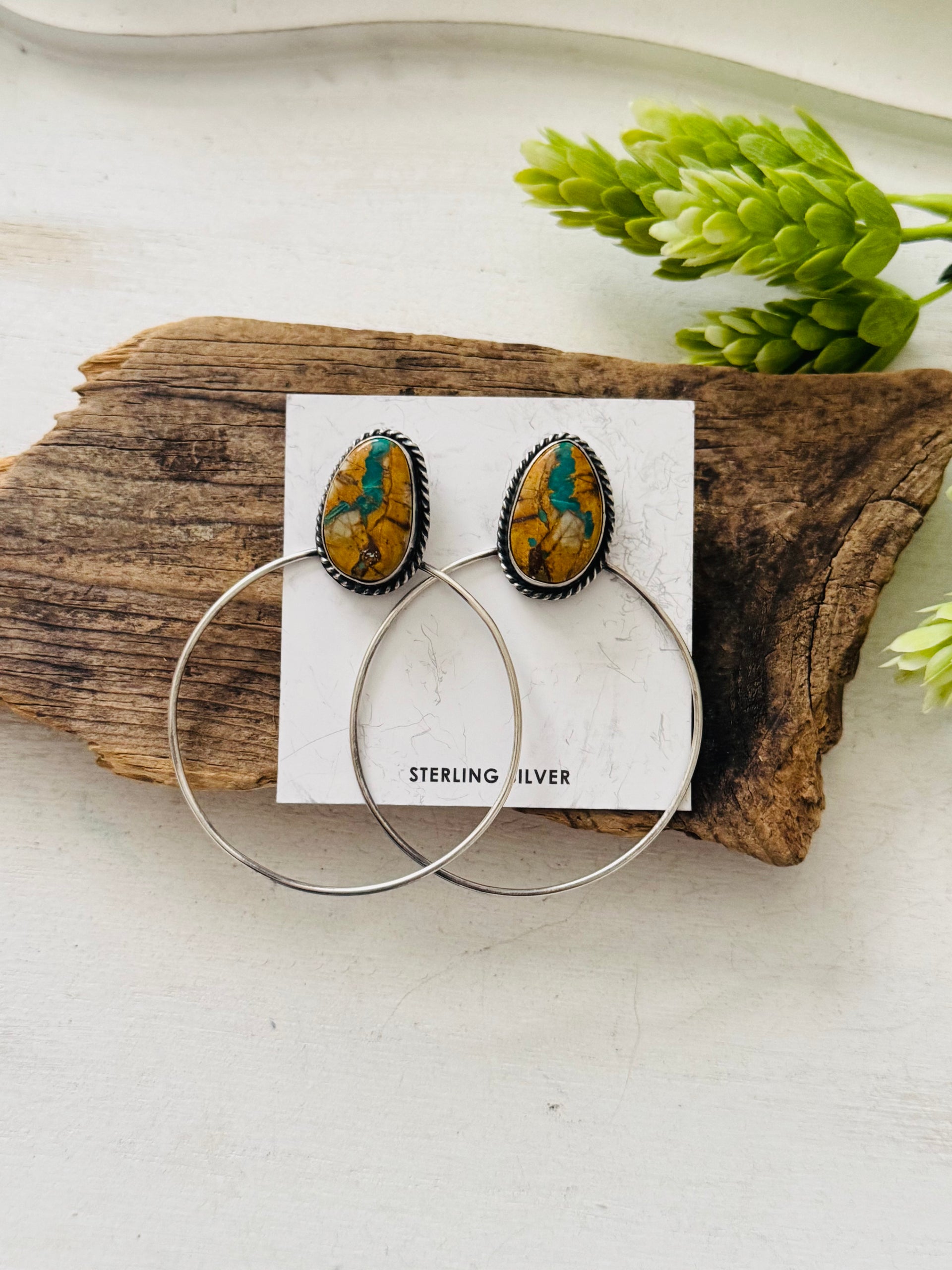 Elouise Kee Ribbon Royston & Sterling Silver Post Dangle Hoop Earrings