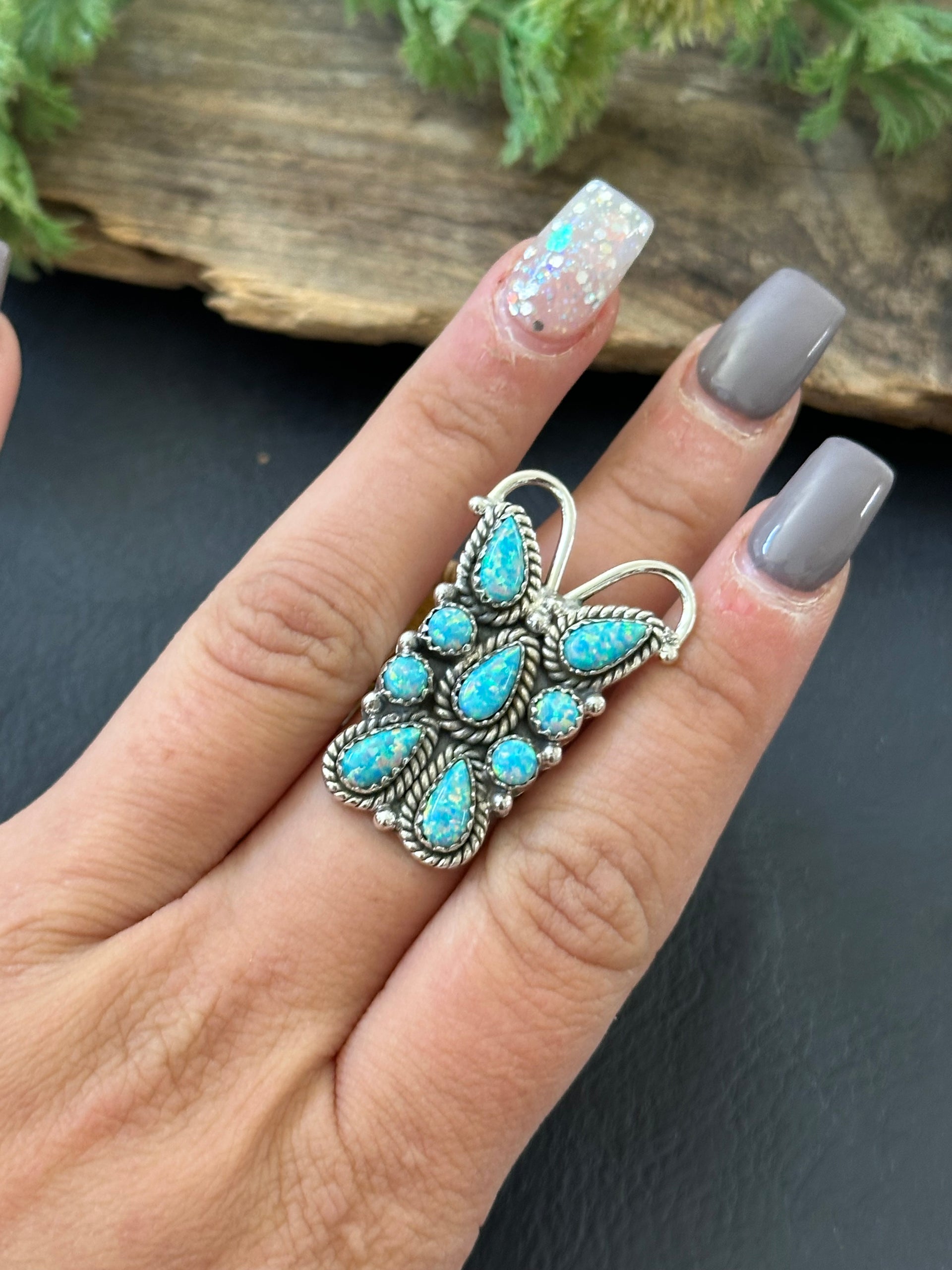 TTD “K’aalógii” Blue Opal & Sterling Silver Adjustable Cluster Ring