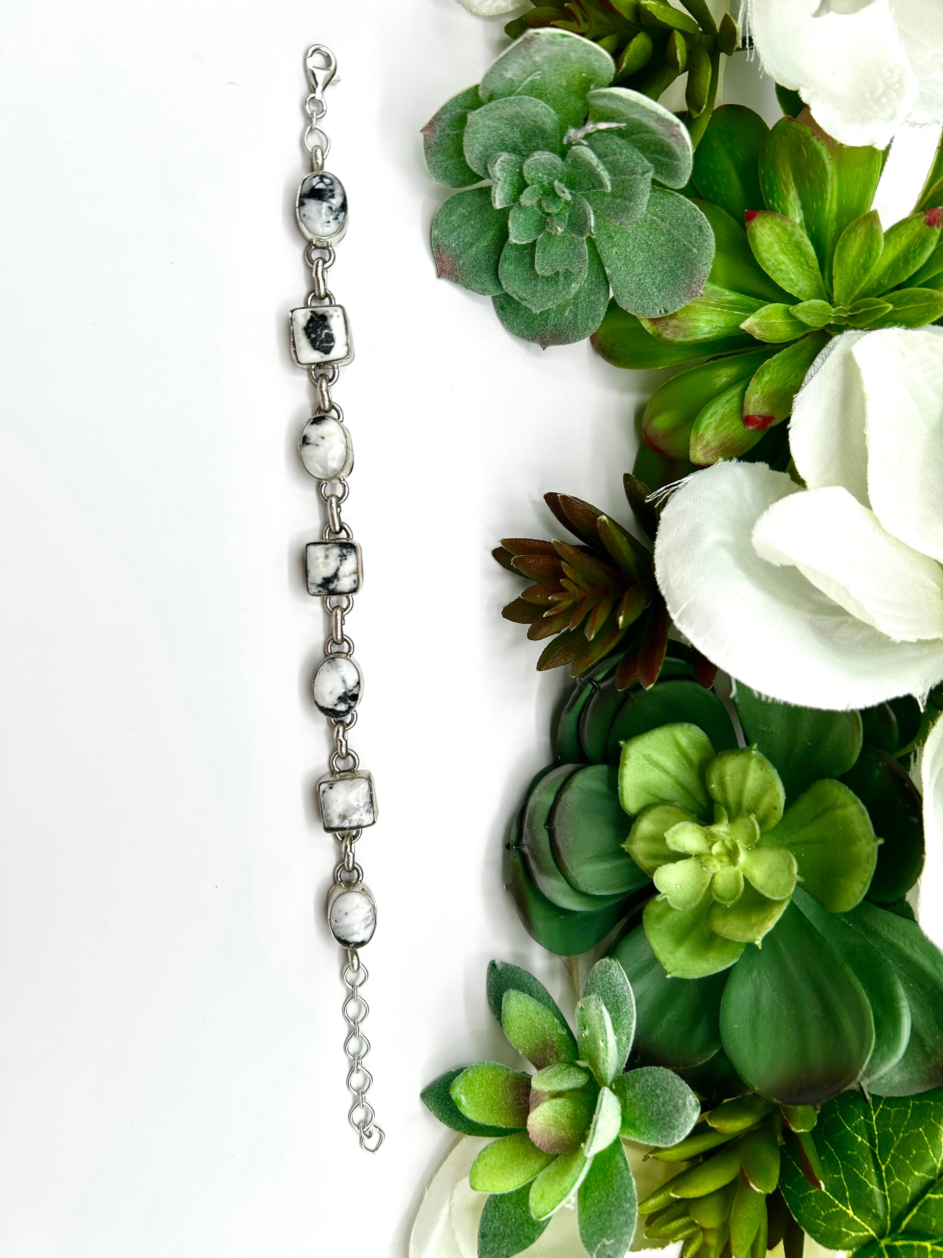 Navajo Made White Buffalo & Sterling Silver Link Bracelet