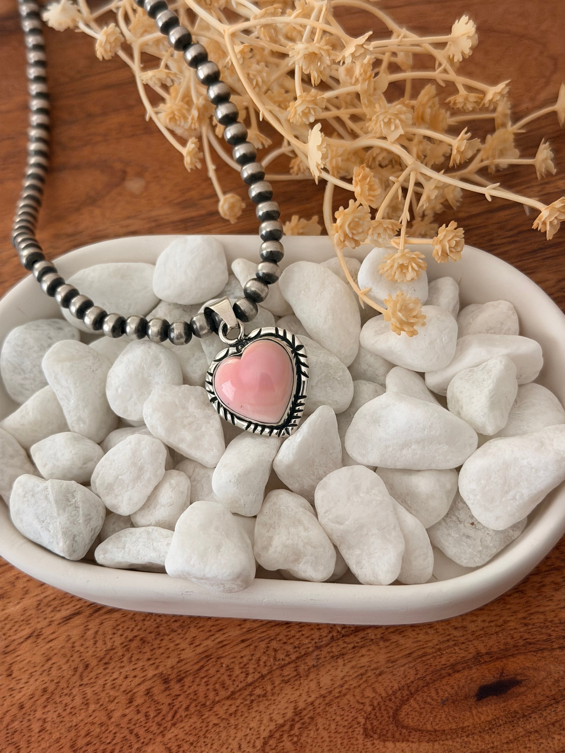 Navajo Made Pink Conch & Sterling Silver Heart Pendant