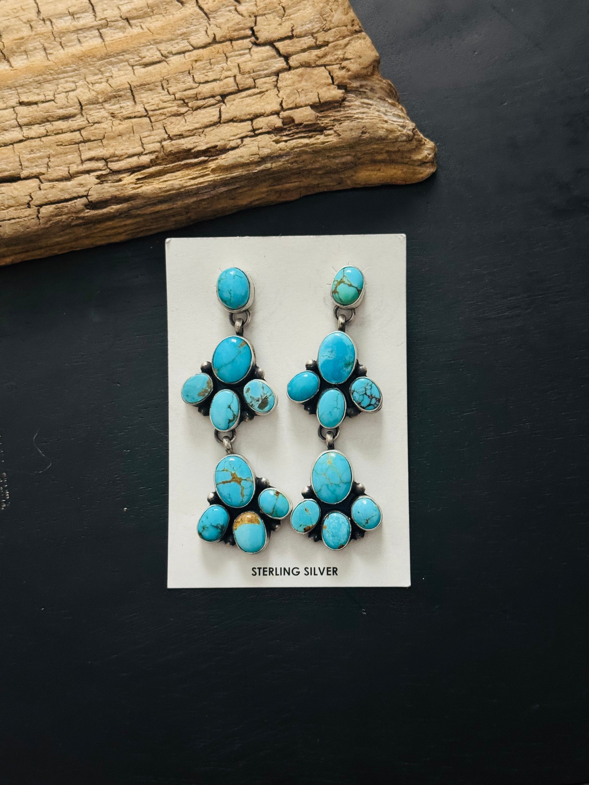 Timothy Yazzie Kingman Turquoise & Sterling Silver Post Cluster Dangle Earrings