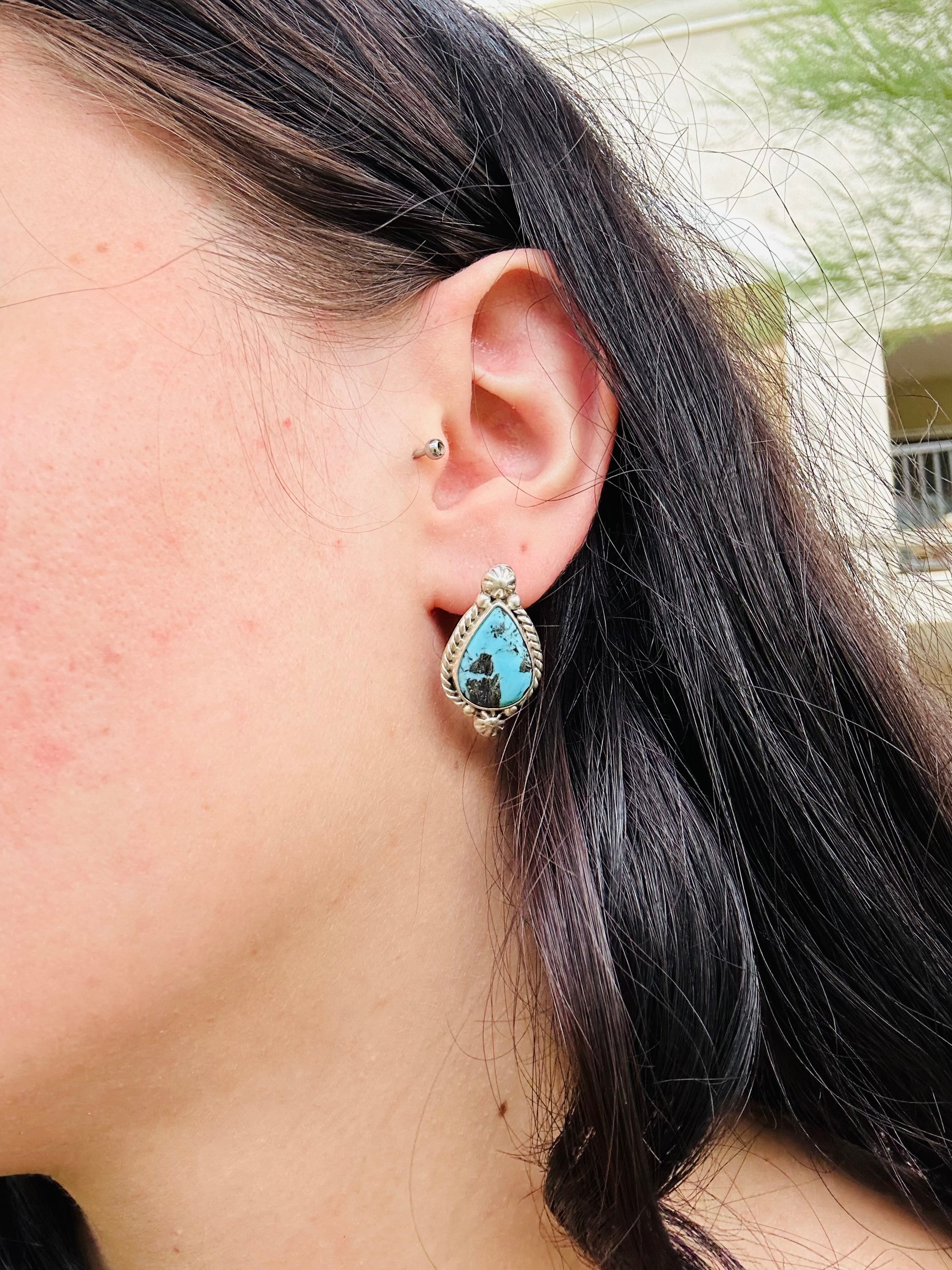 Navajo Made Kingman Turquoise & Sterling Silver Post Earrings