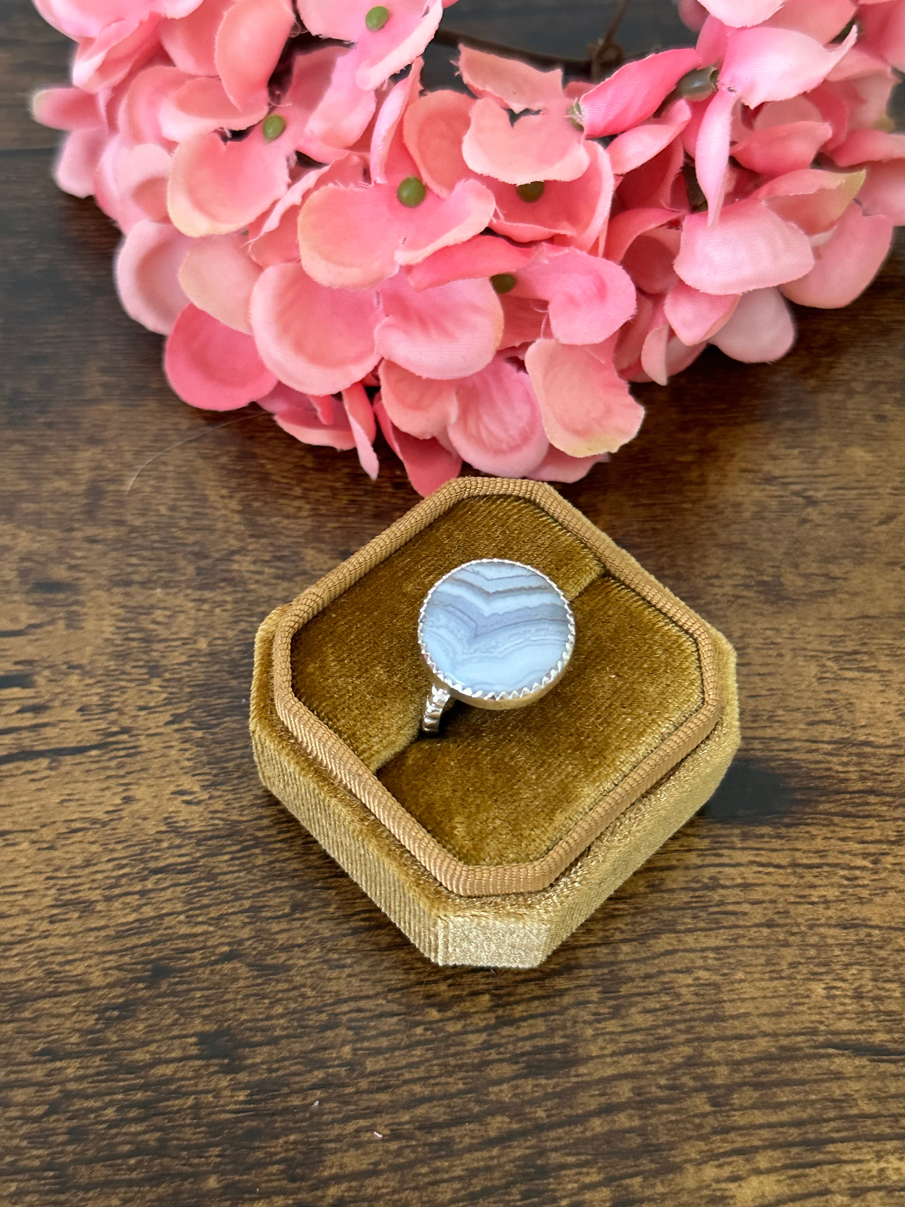 Southwest Handmade Blue Lace Agate & Sterling Silver Ring Size 8.25