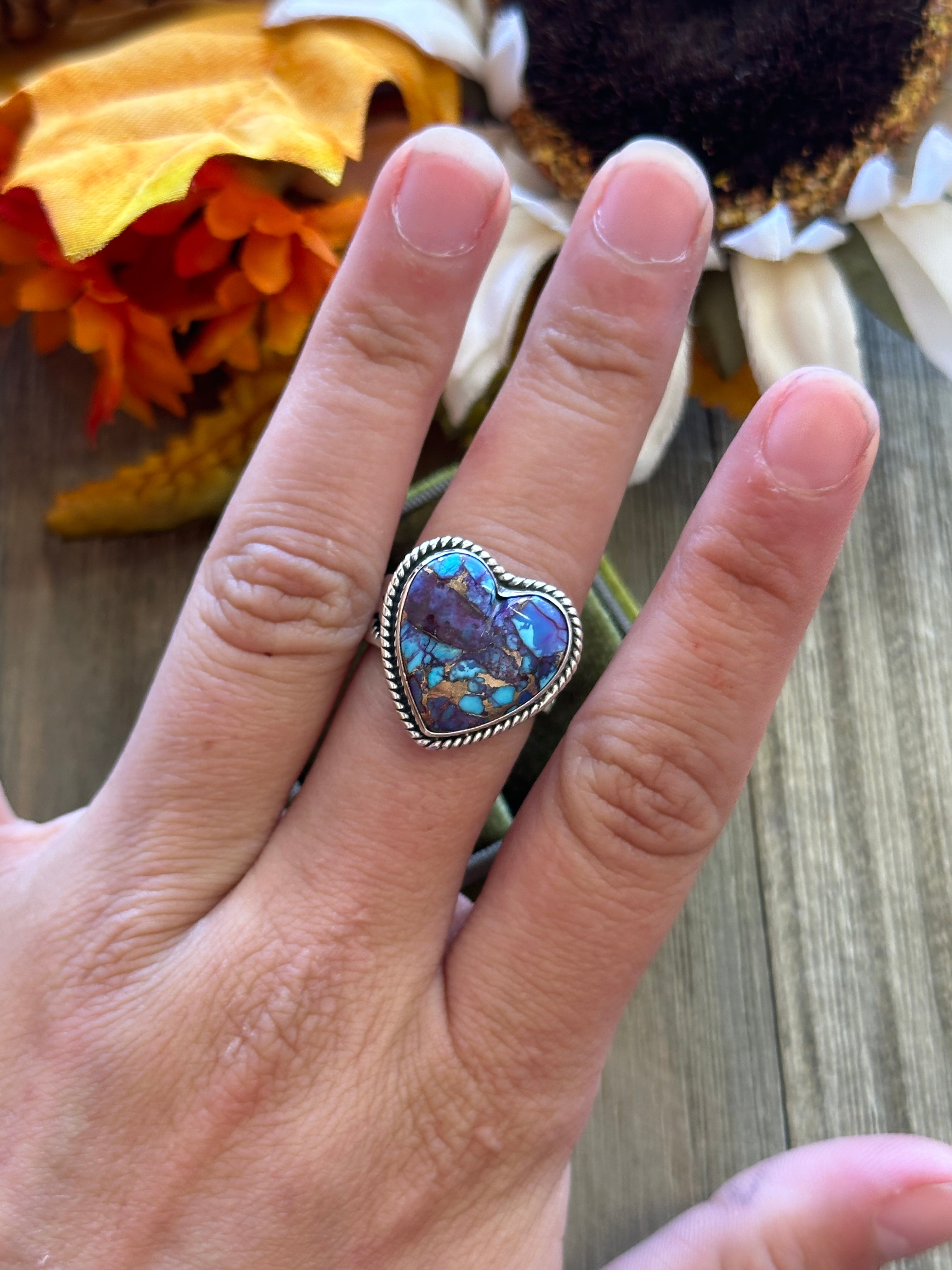 Southwest Handmade Mohave Turquoise & Sterling Silver Adjustable Heart Ring