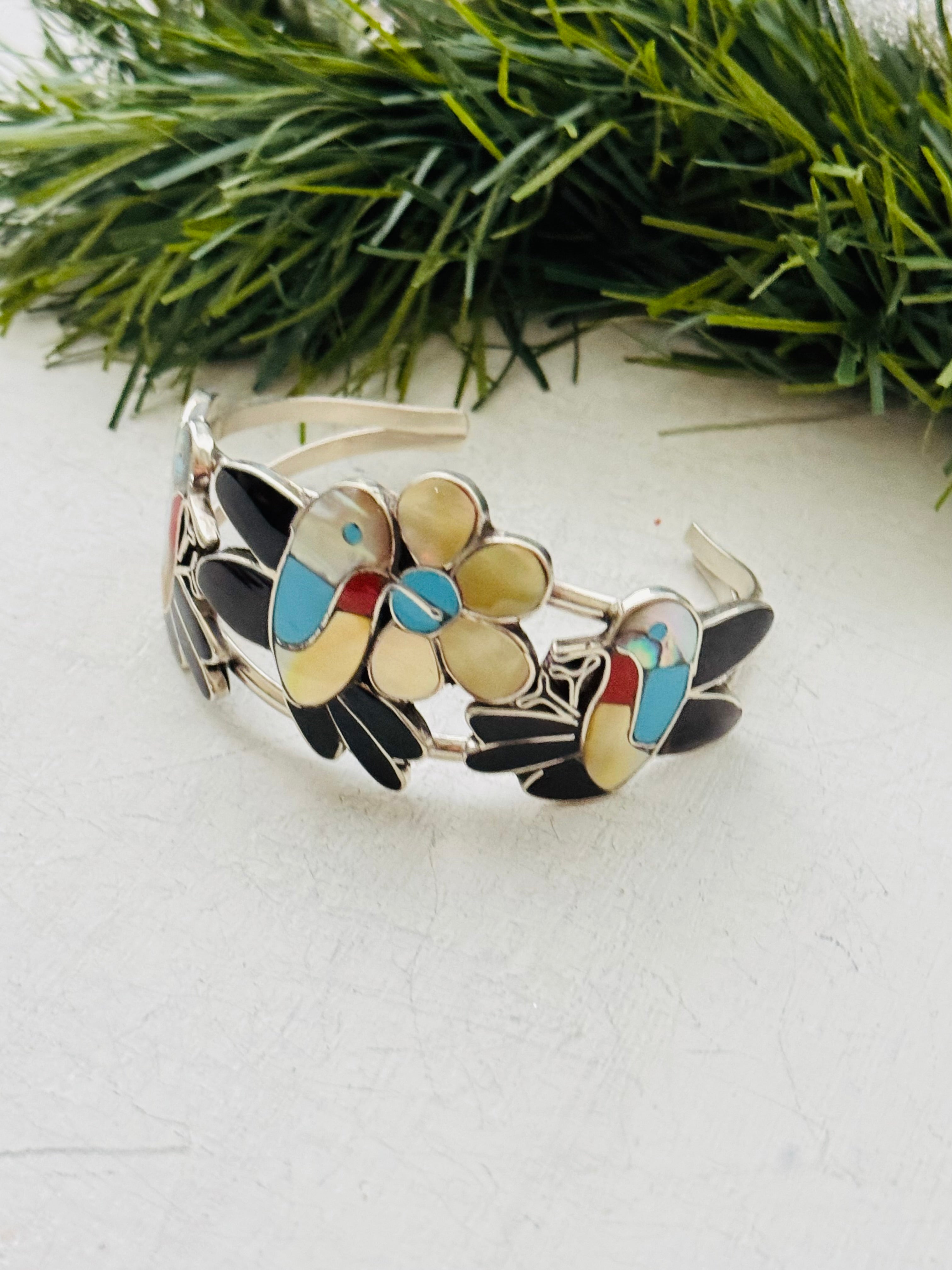 Zuni Made Multi Stone & Sterling Silver Inlay Hummingbird Cuff Bracelet