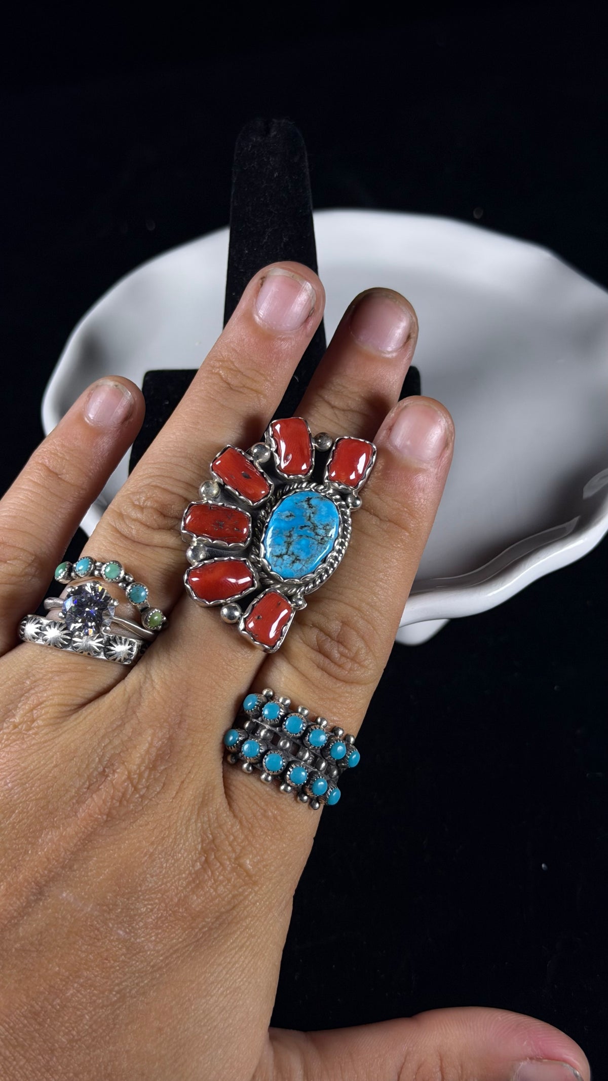 Navajo Made Multi Stone & Sterling Silver Cluster Ring Size 6.5