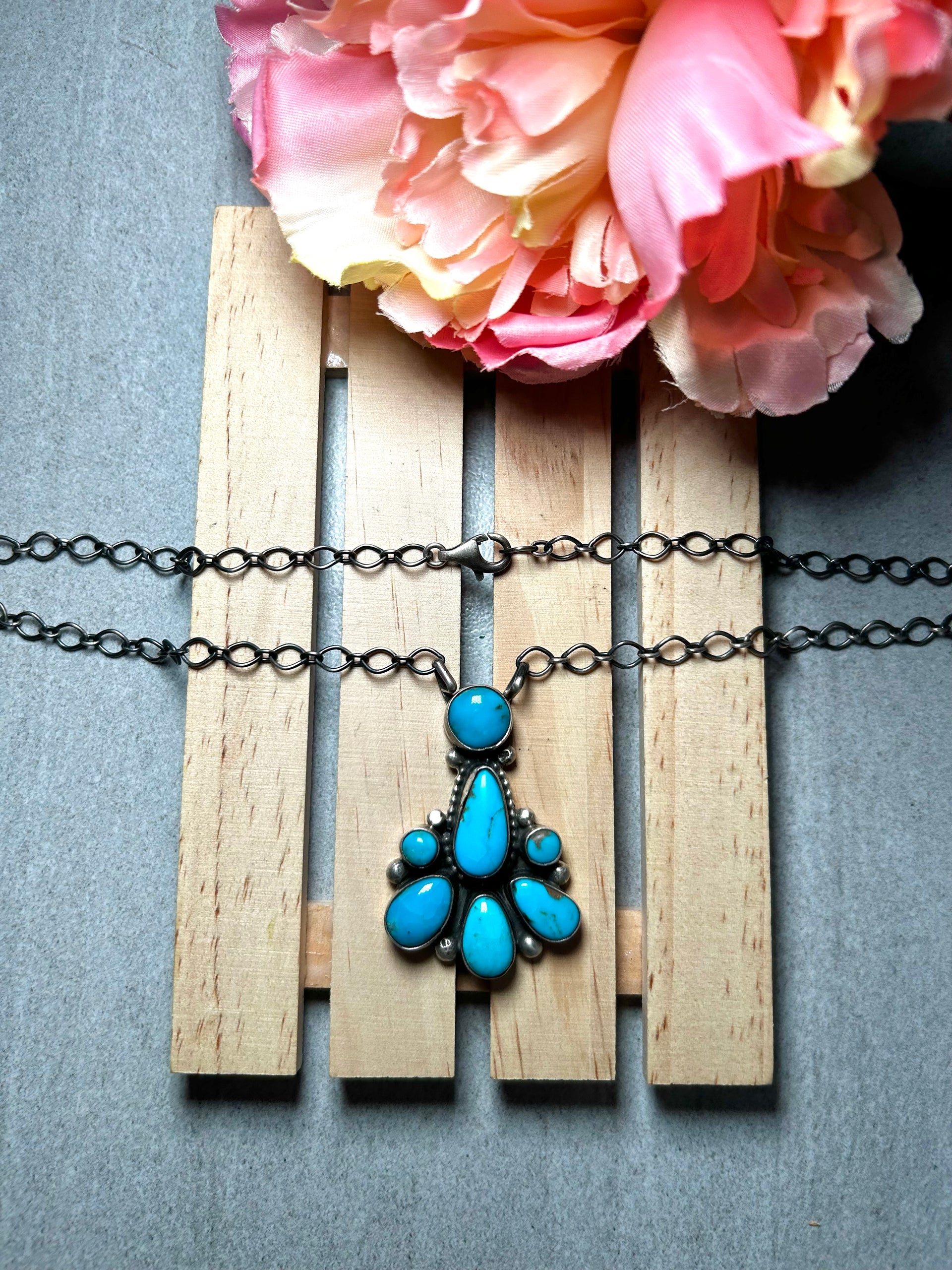 Navajo Made Kingman Turquoise & Sterling Silver Cluster Necklace