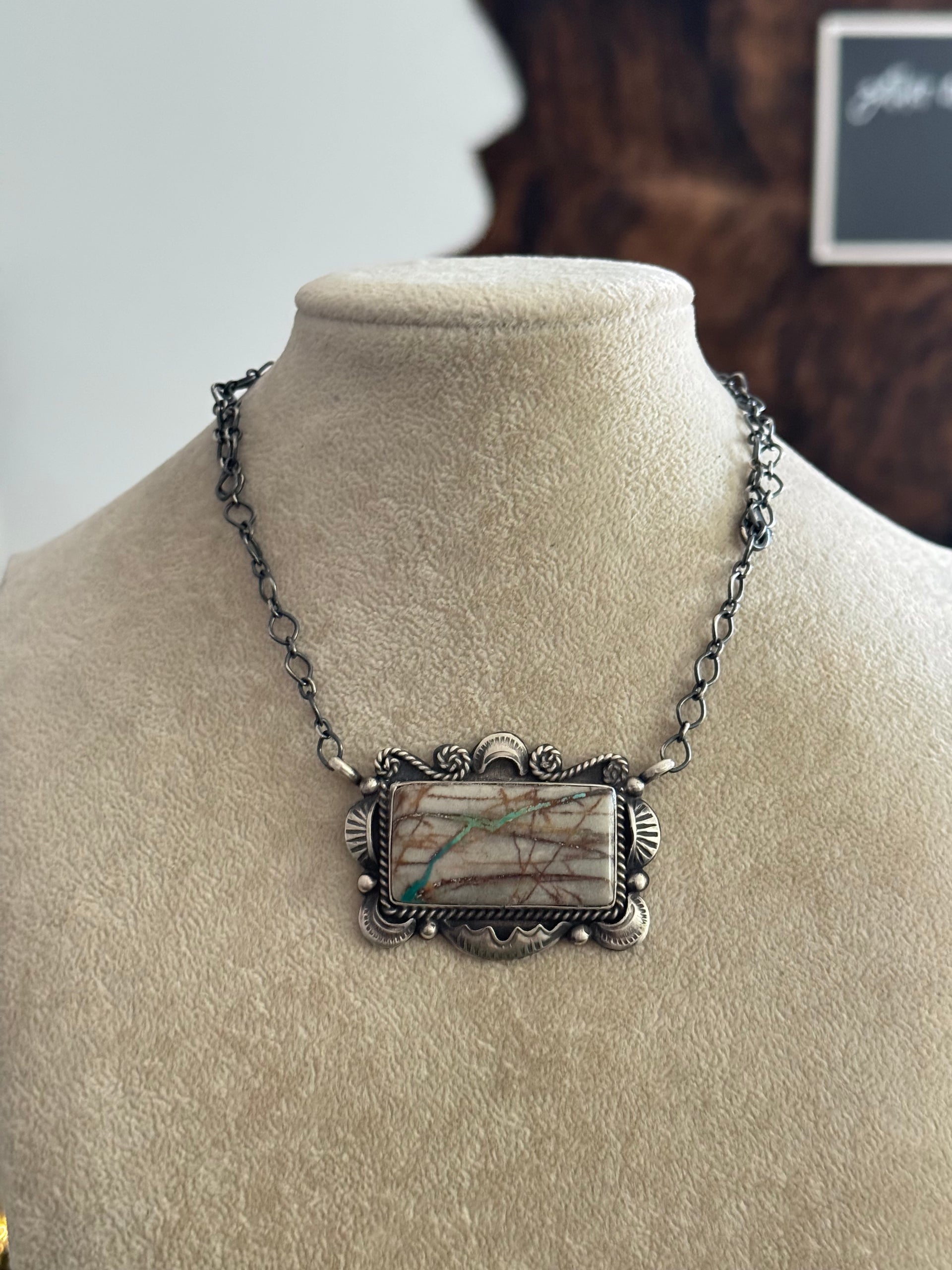 Navajo Made Boulder Turquoise & Sterling Silver Bar Necklace