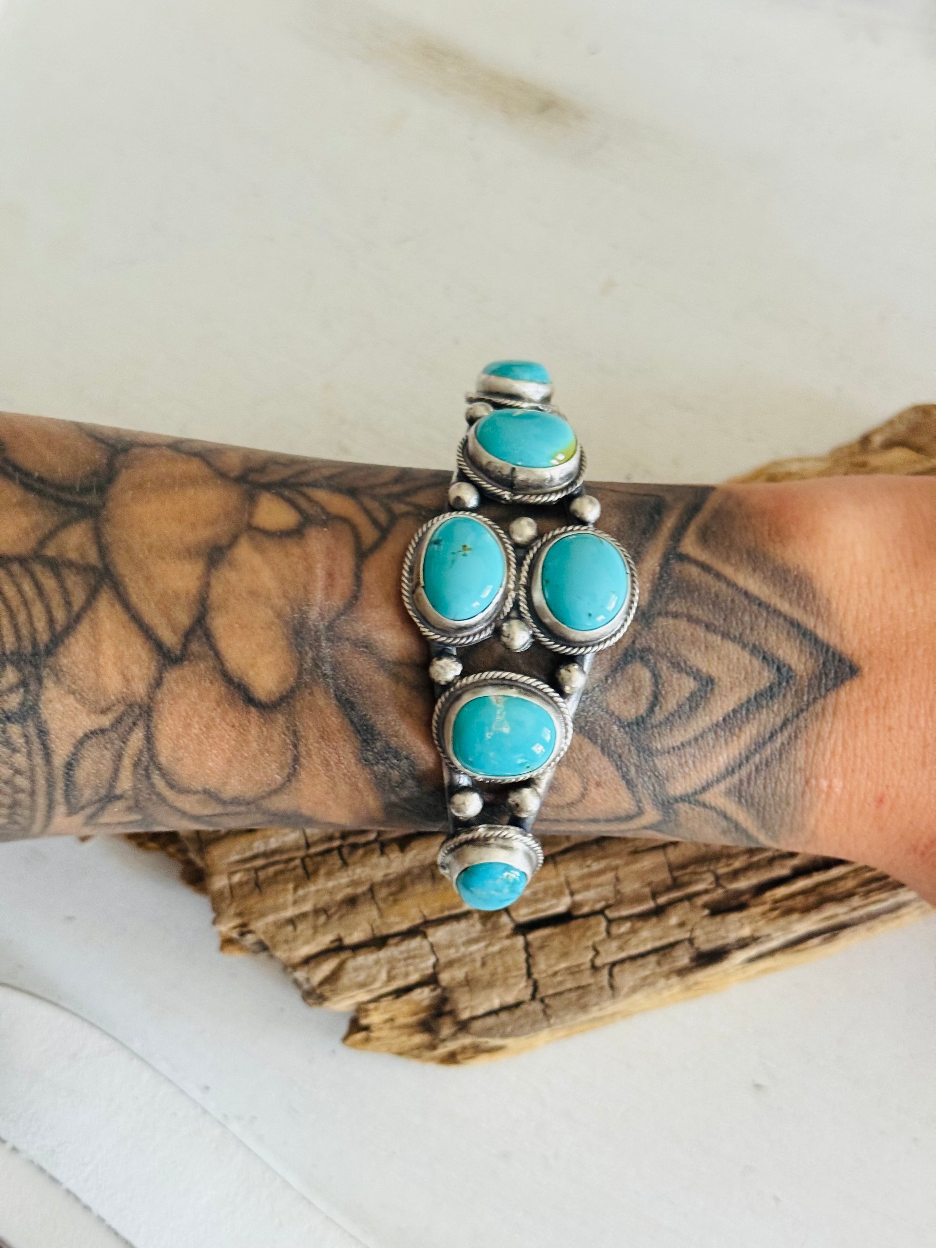 Bobby Johnson Kingman Turquoise & Sterling Silver Cluster Cuff Bracelet