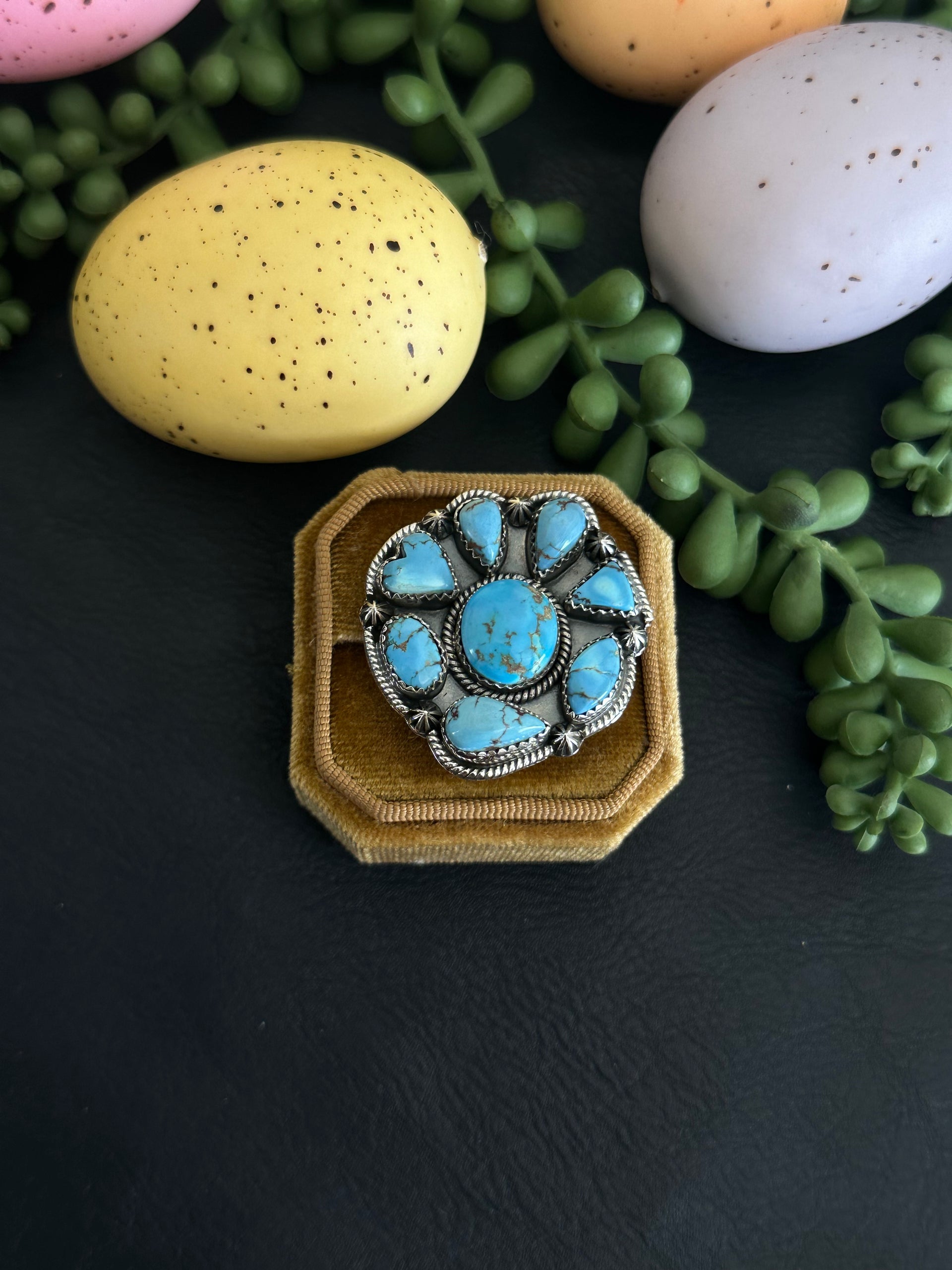 Southwest Handmade Golden Hills Turquoise & Sterling Silver Adjustable Cluster Ring