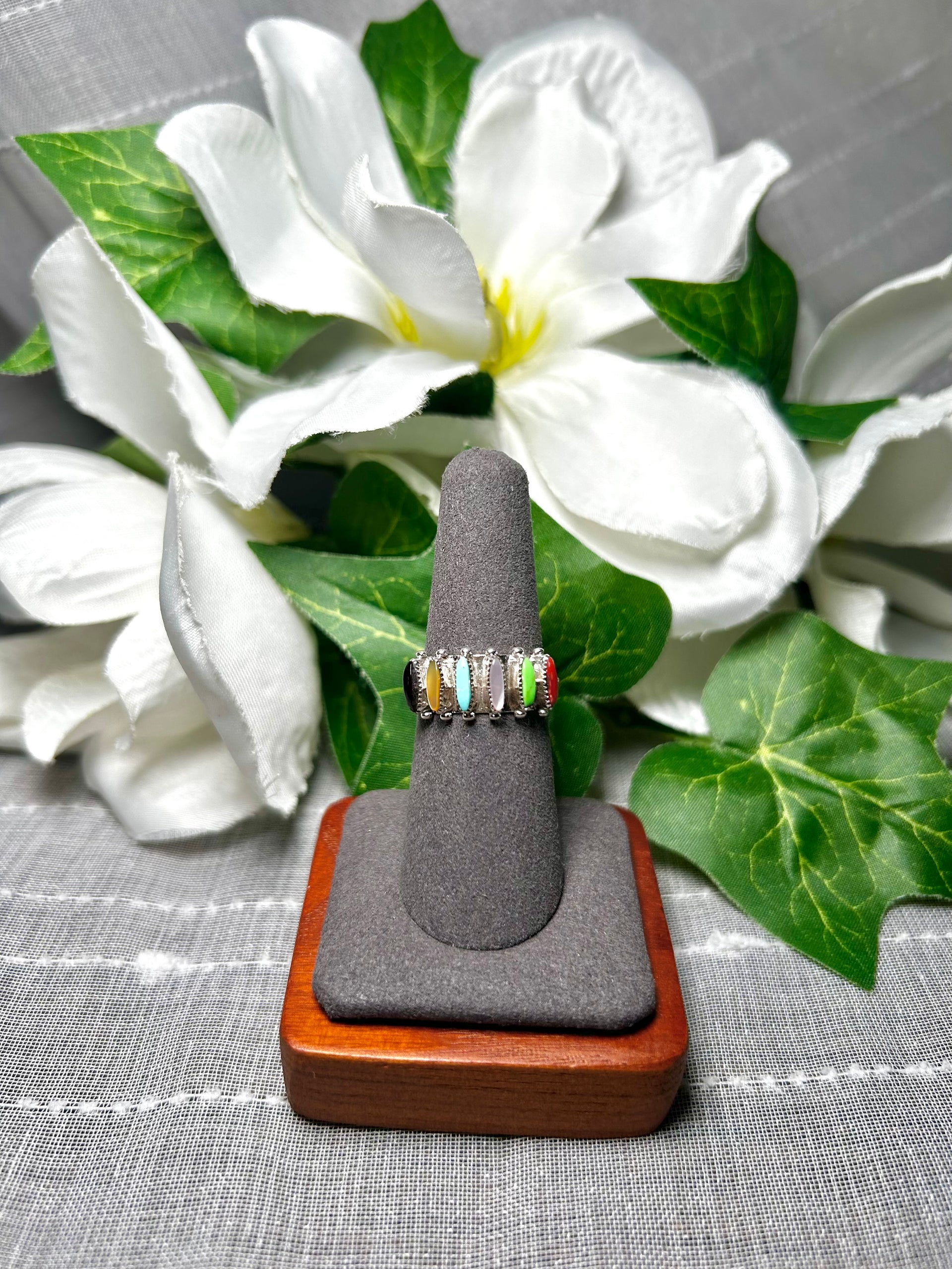 Zuni Multi Stone & Sterling Silver Ring Size 7.25