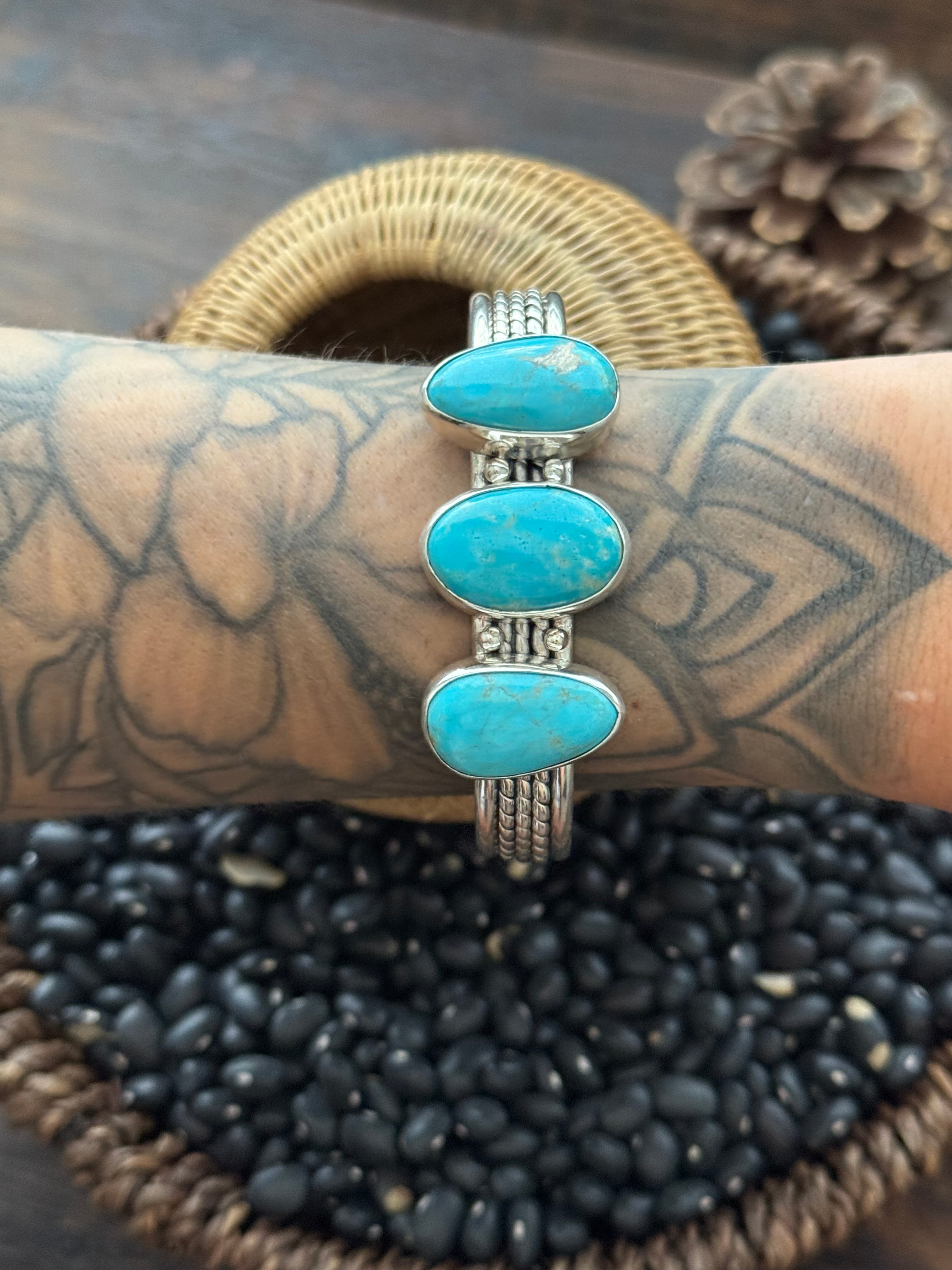 Navajo Made Kingman Turquoise & Sterling Silver Cuff Bracelet