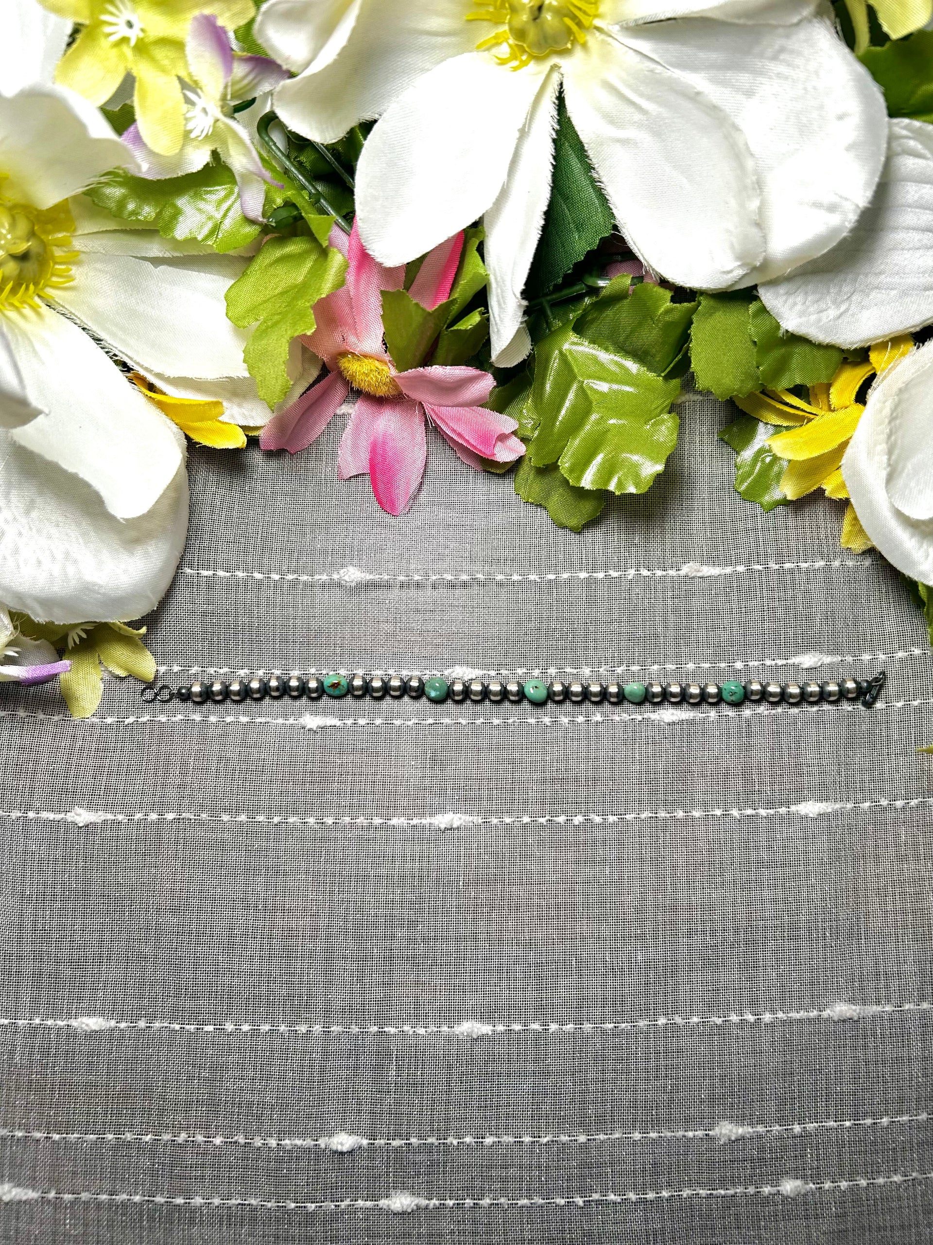 Navajo Made Strung Royston Turquoise & Sterling Silver Link Bracelet