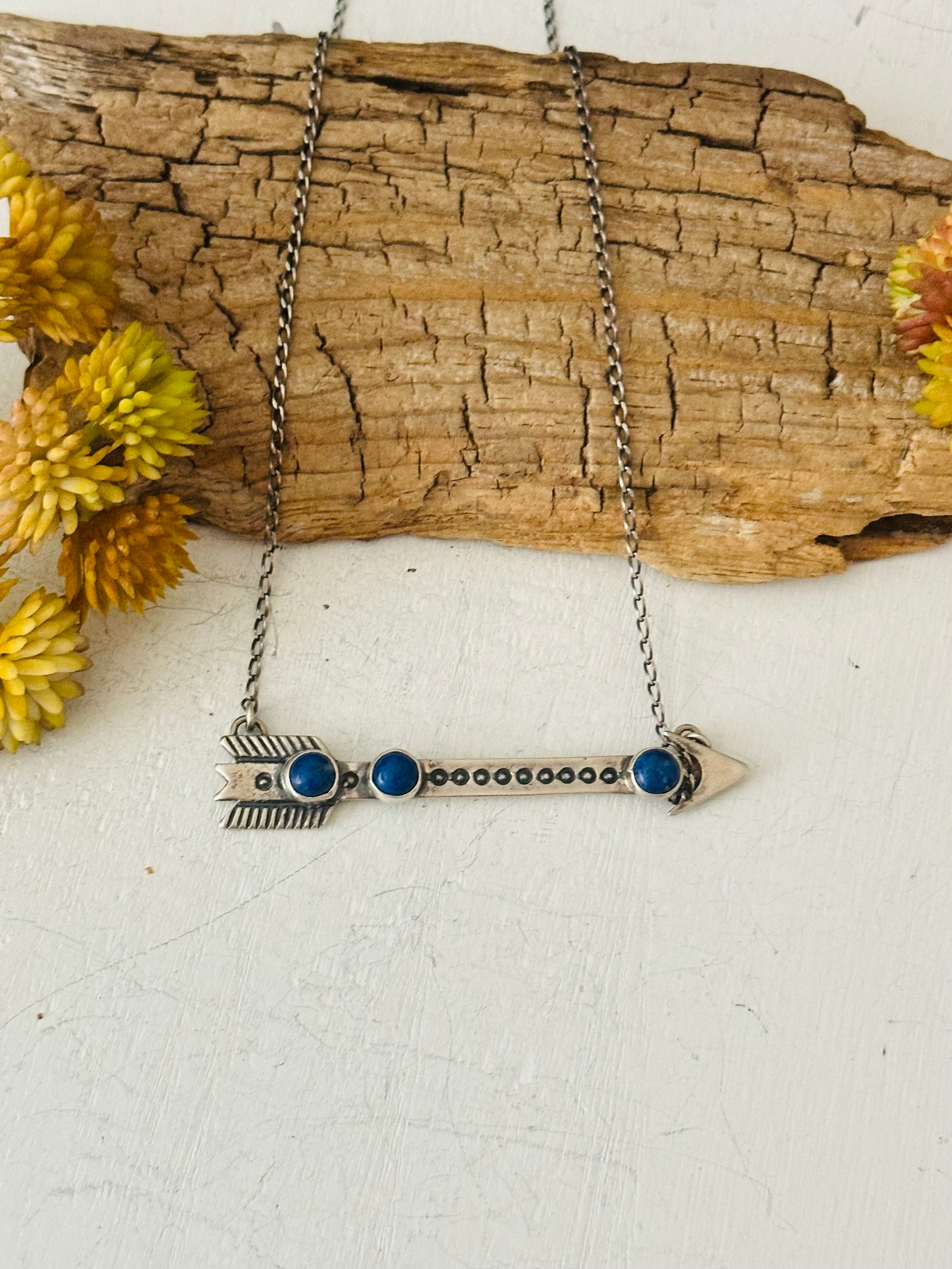 Navajo Made Lapis & Sterling Silver Arrow Necklace