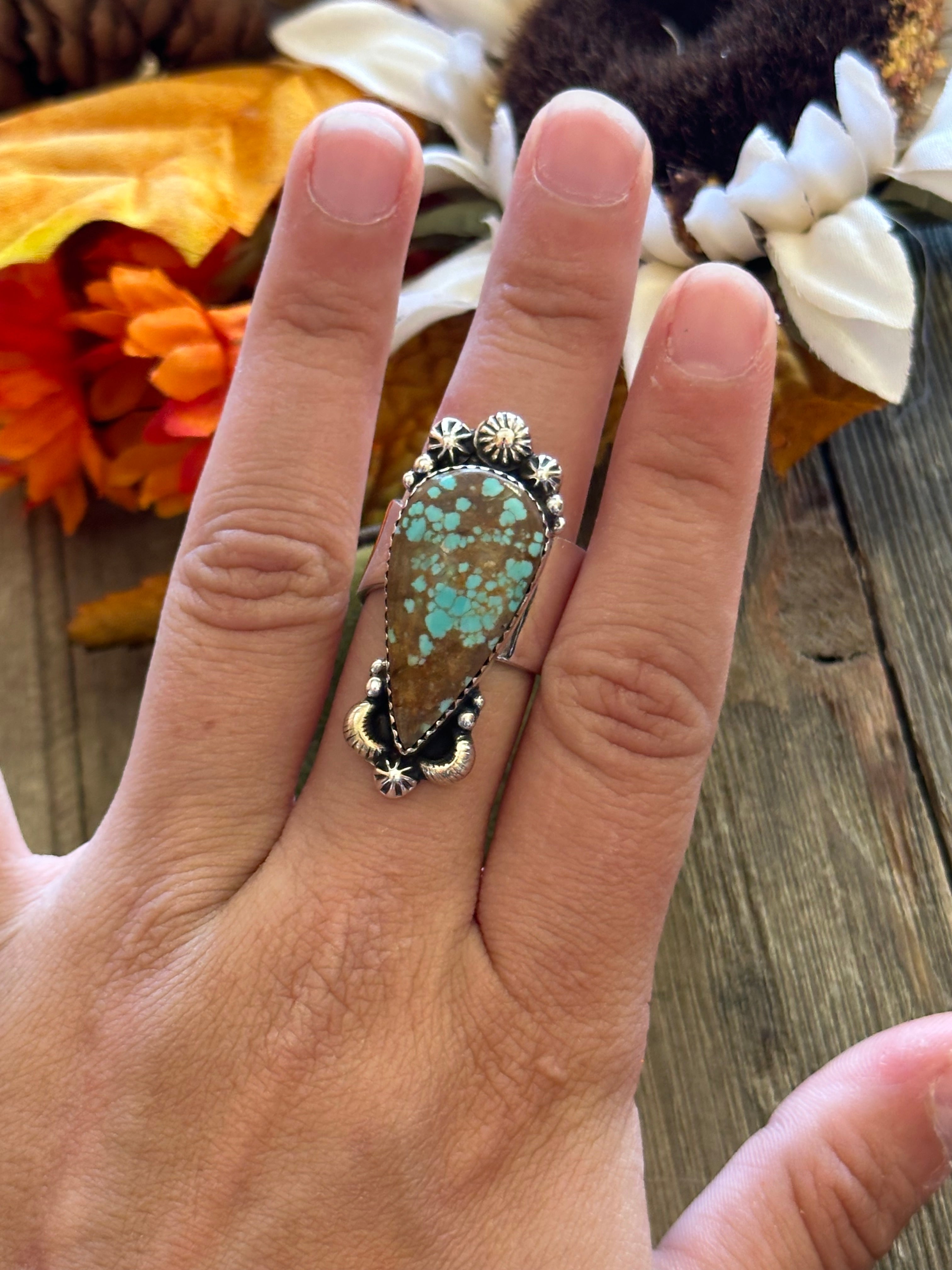 Southwest Handmade #8 Turquoise & Sterling Silver Adjustable Ring