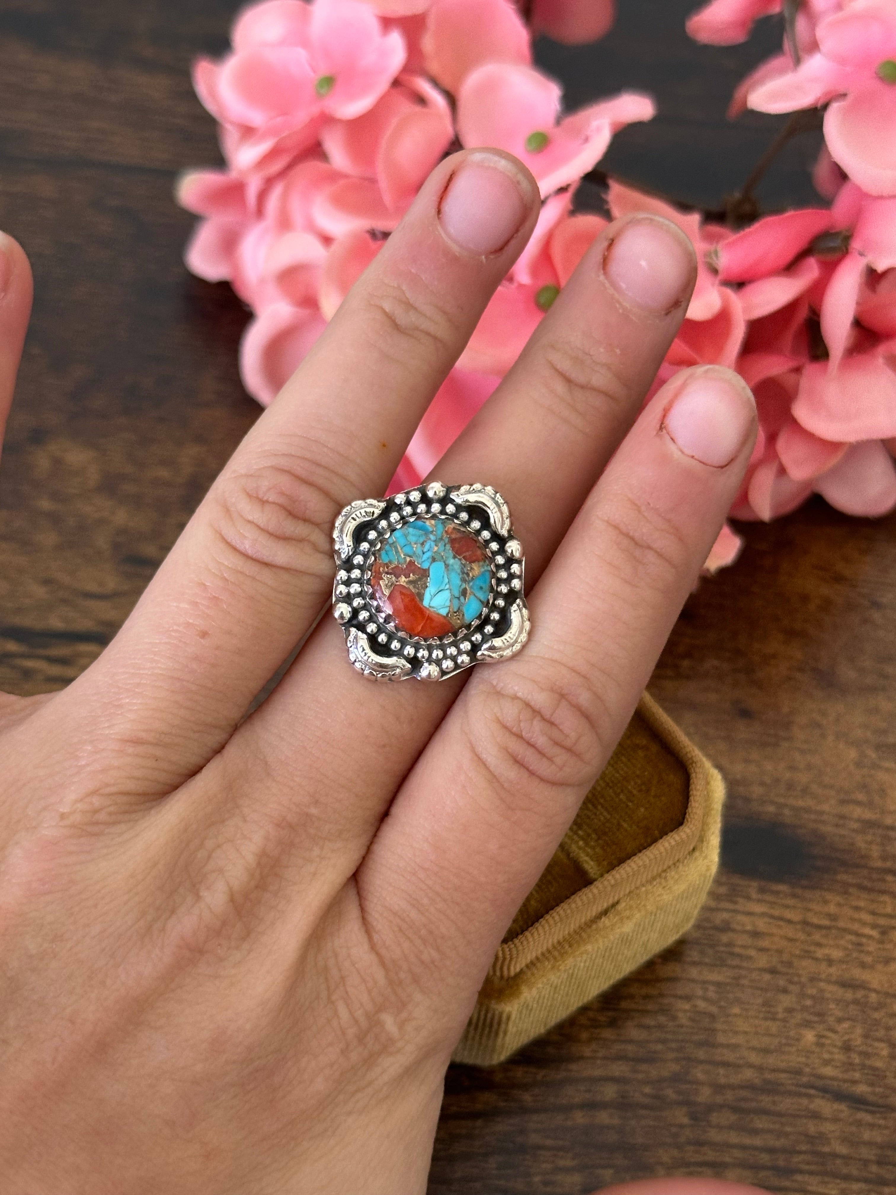 Southwest Handmade Red Mohave Turquoise & Sterling Silver Ring Size 7.5