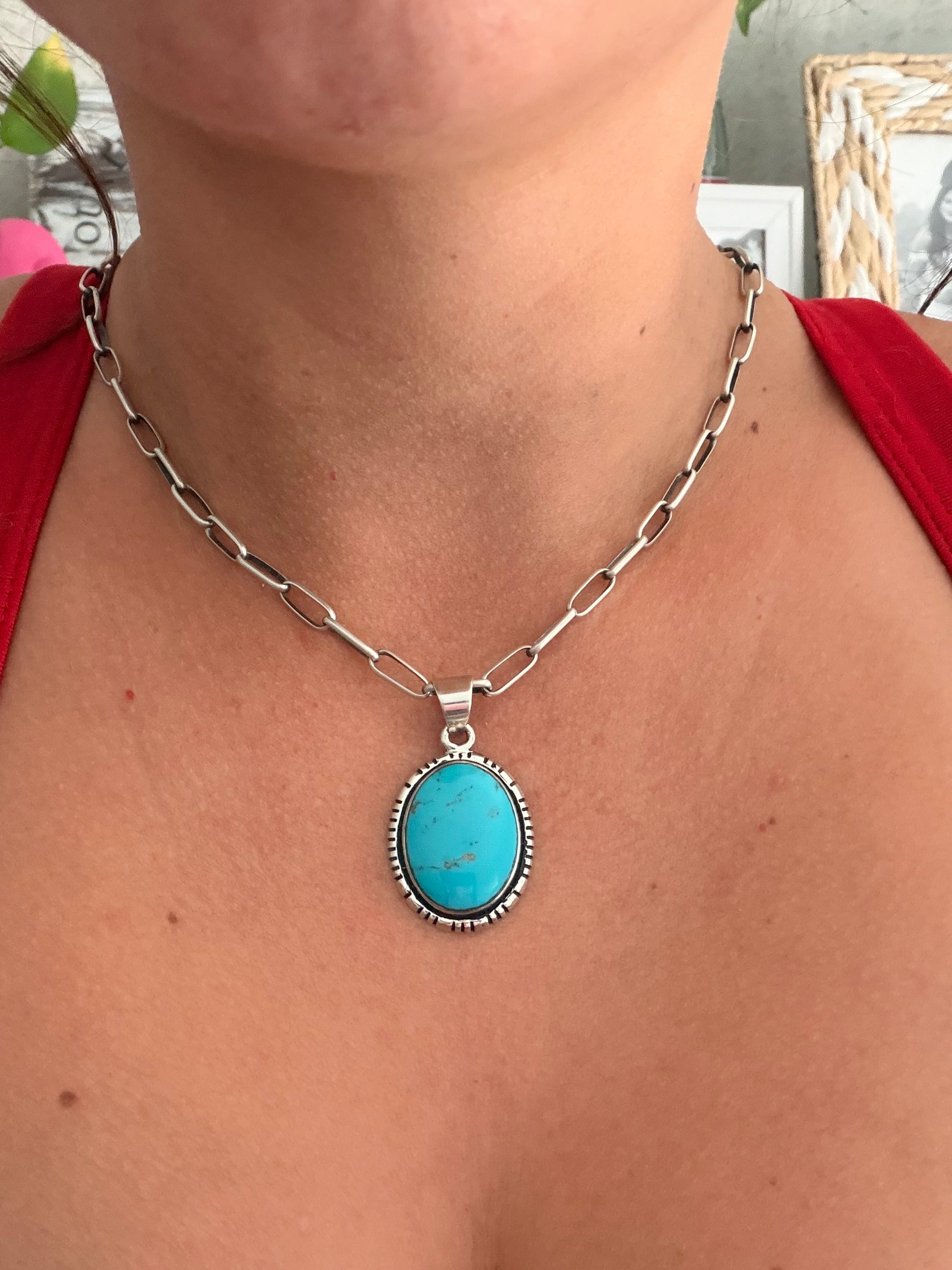 Navajo Made Kingman Turquoise & Sterling Silver Pendant