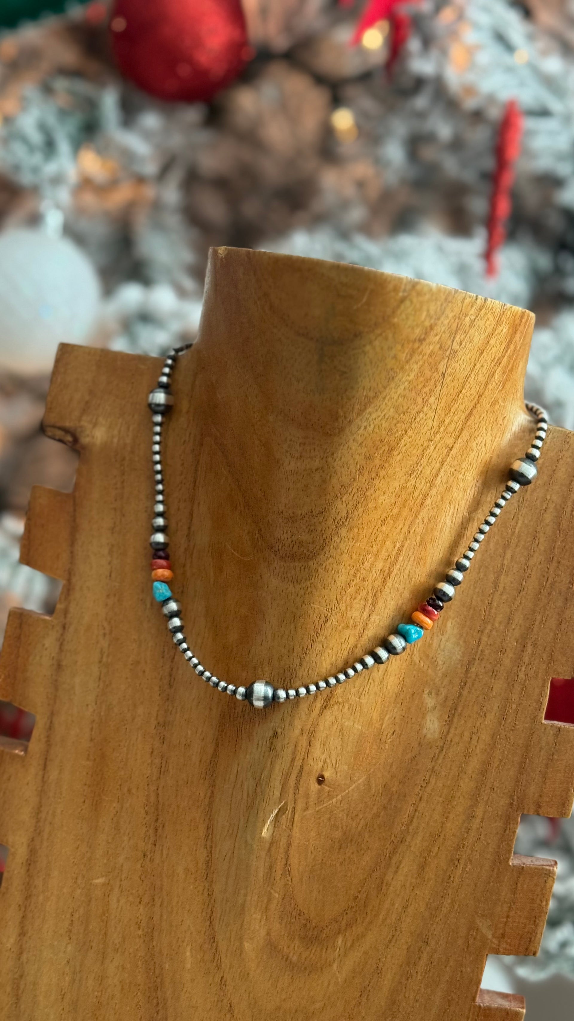 Navajo Strung Multi Stone & Sterling Silver Graduated Pearl Necklace