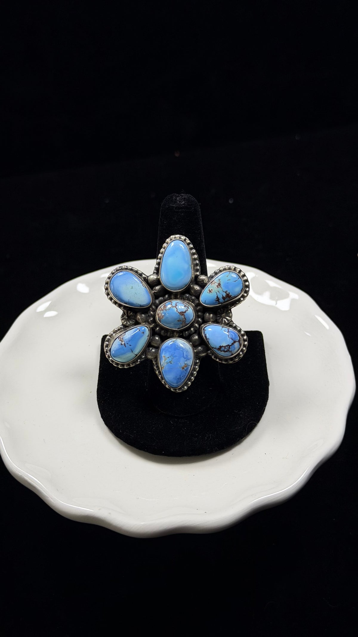 Sheila Becenti Golden Hills Turquoise Sterling Silver Cluster Ring Size 10