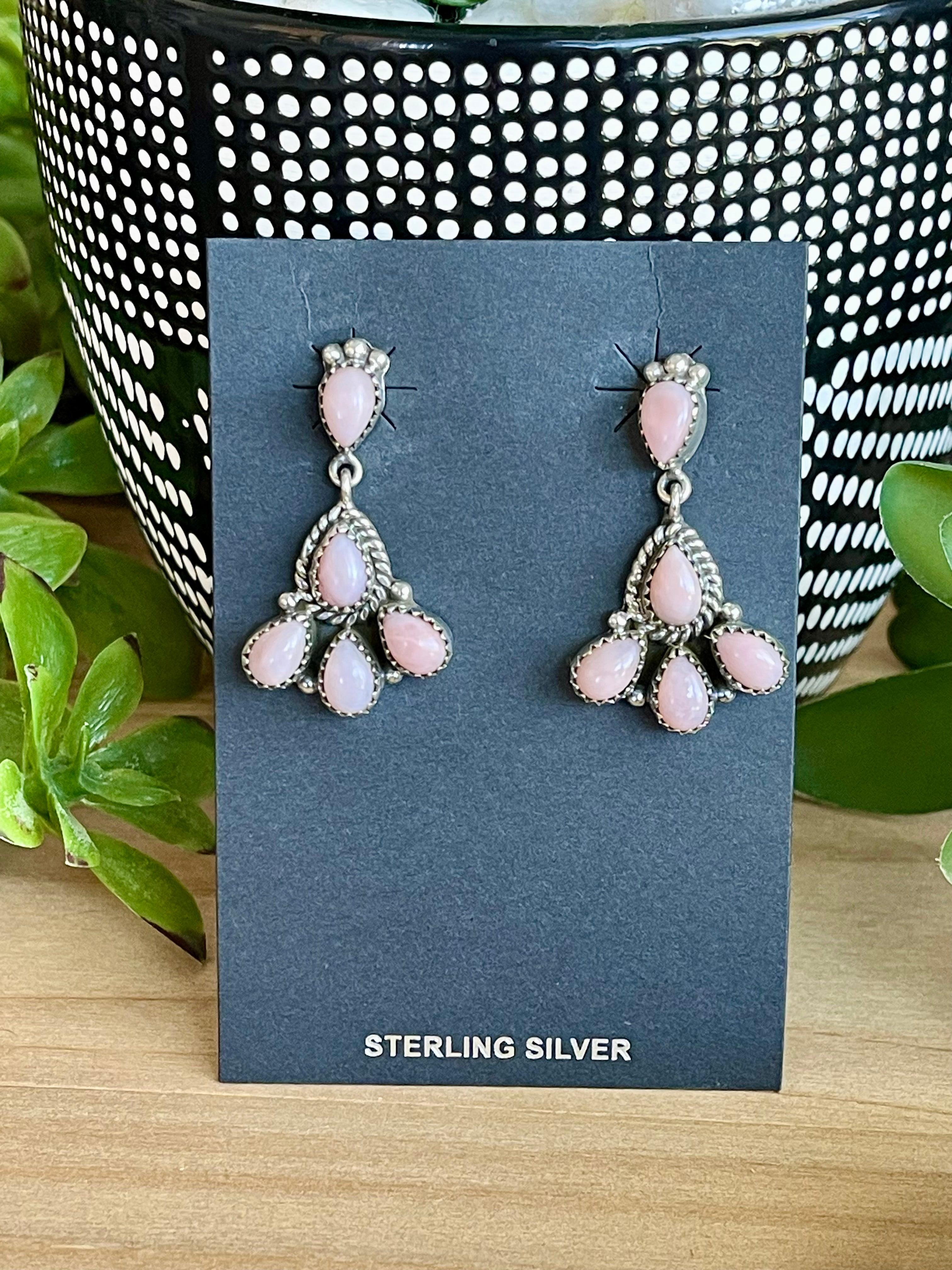 Southwest Handmade Pink Conch & Sterling Silver Post Dangle Cluster Earrings