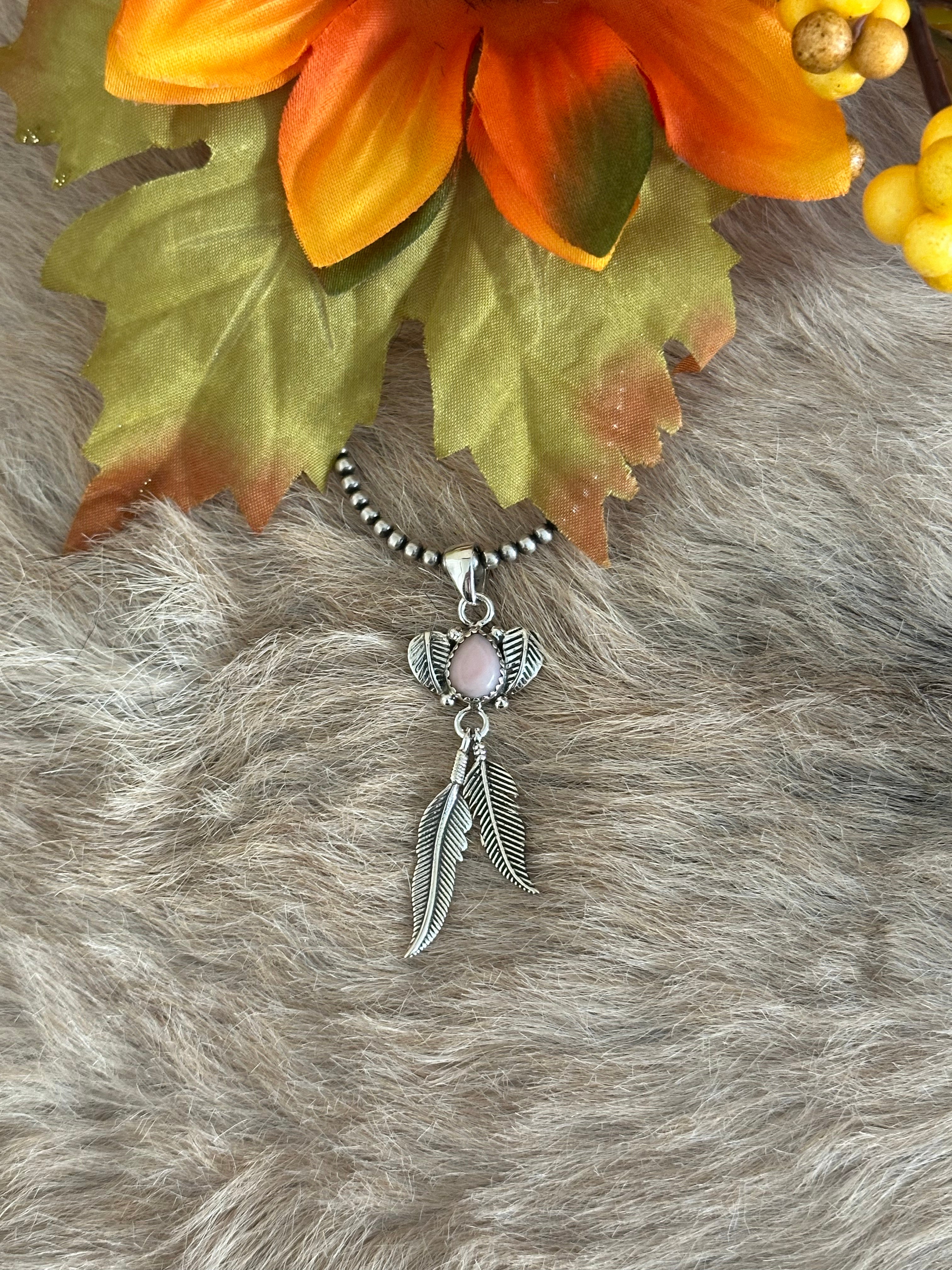 Southwest Handmade Pink Conch & Sterling Silver Feather Pendants