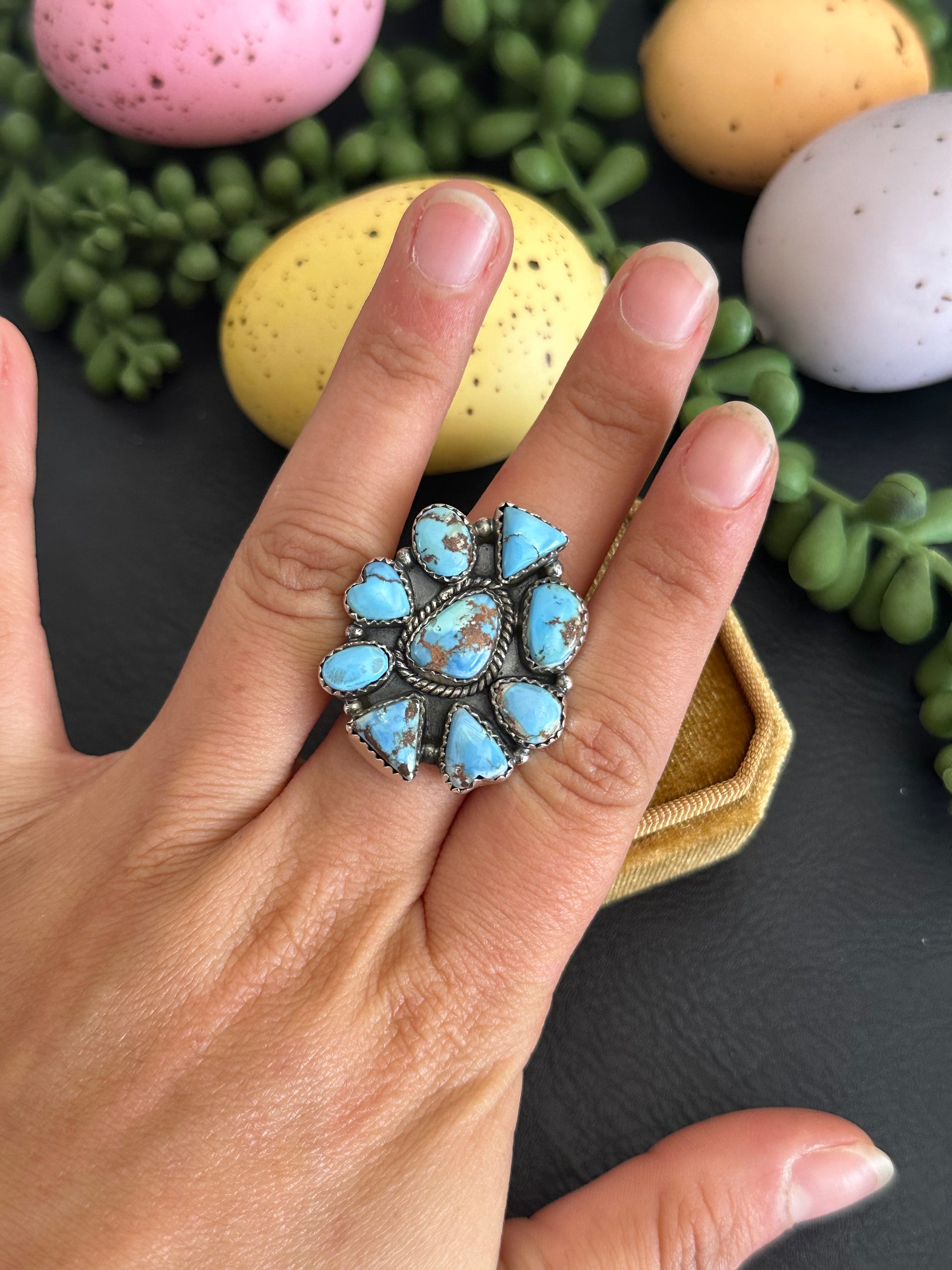 Southwest Handmade Golden Hills Turquoise & Sterling Silver Adjustable Cluster Ring
