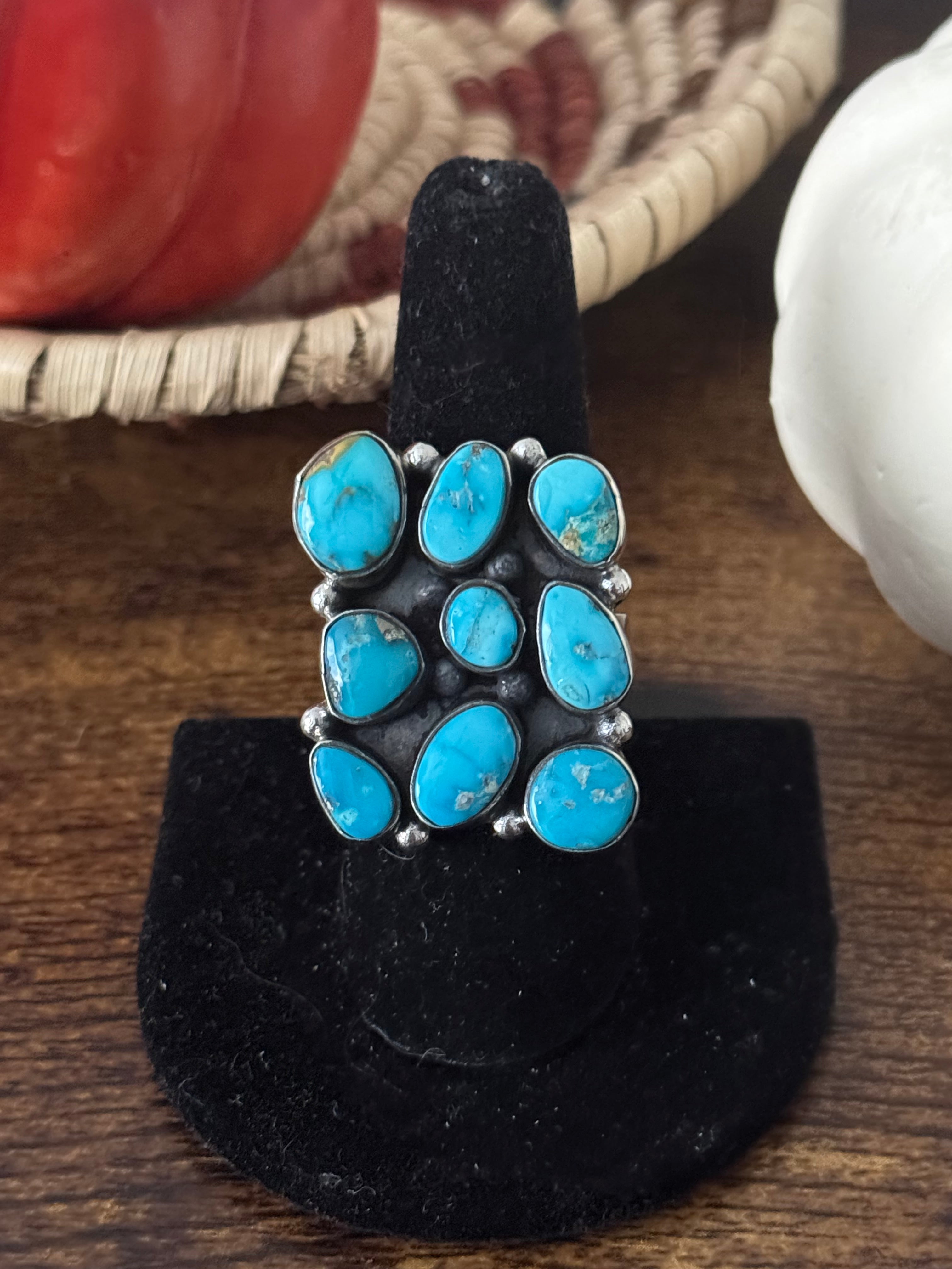 Southwest Handmade Valley Blue Turquoise & Sterling Silver Adjustable Cluster Ring