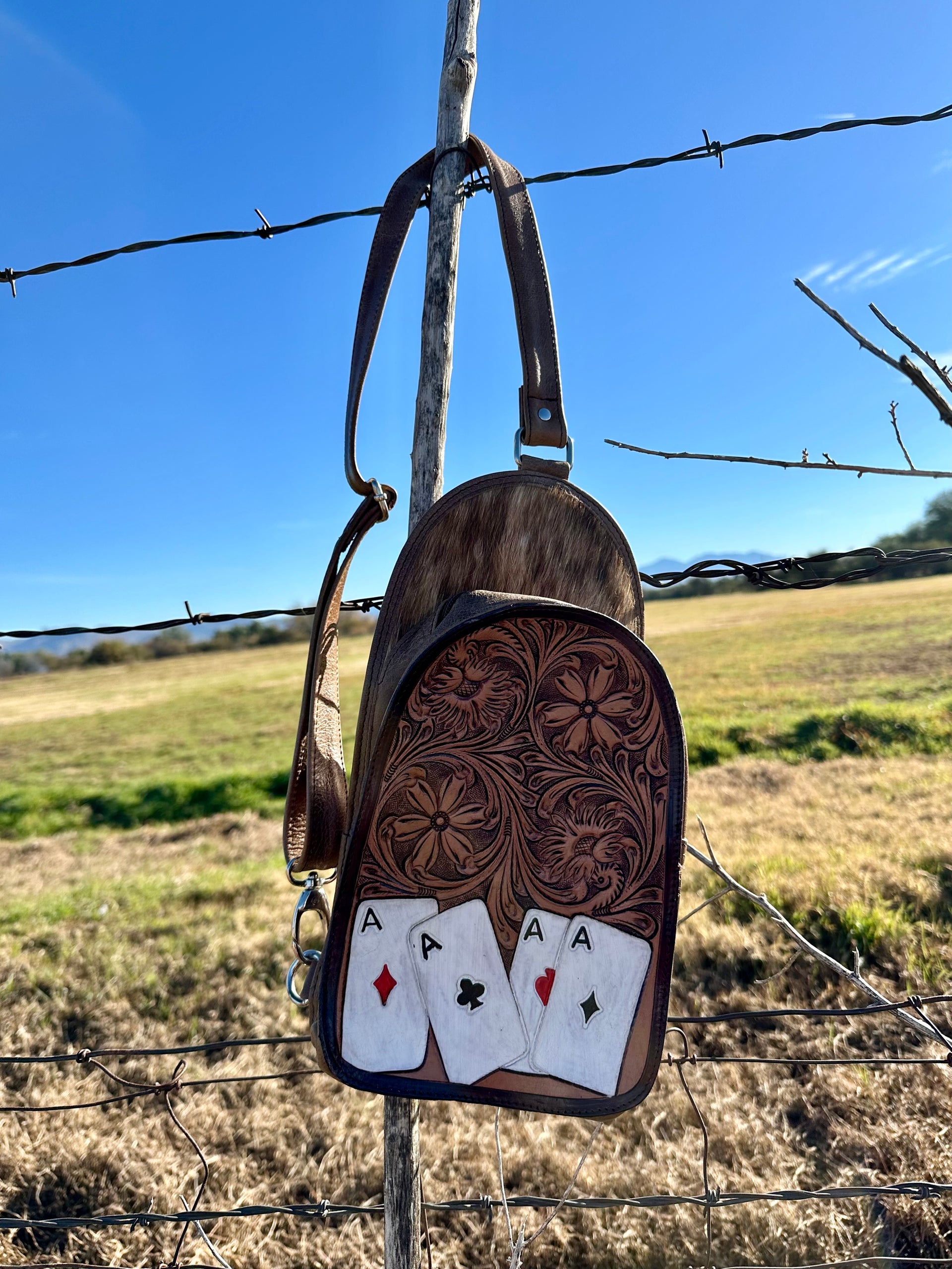 Genuine Tooled Leather & Cowhide Cross Body Purse/Pack
