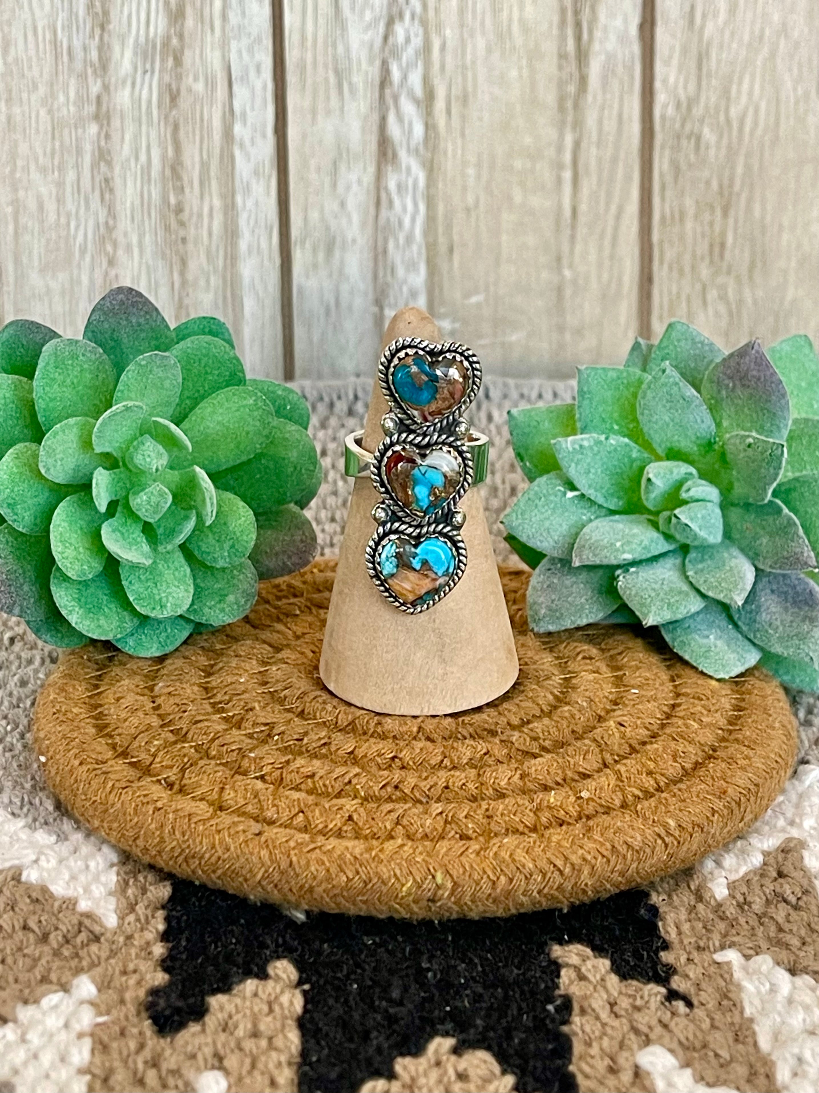 Southwest Handmade Mohave Turquoise & Sterling Silver Adjustable 3 Stone Heart  Ring