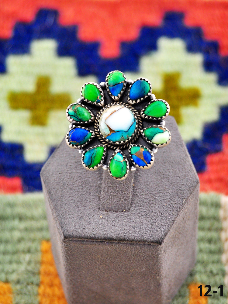 Southwest Handmade Peacock Dahlia & Sterling Silver Adjustable Ring