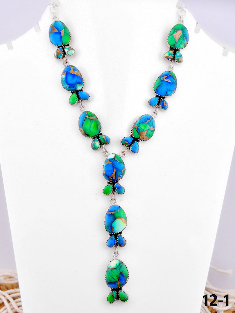 Southwest Made Peacock Dahlia & Sterling Silver Necklace