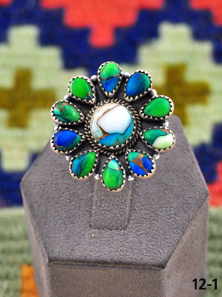 Southwest Handmade Peacock Dahlia & Sterling Silver Adjustable Ring