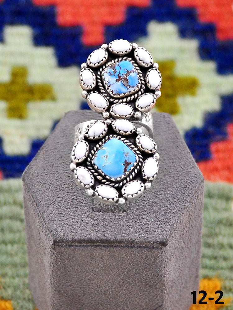 Southwest Handmade White Buffalo with Golden Hills Turquoise & Sterling Silver Adjustable Ring