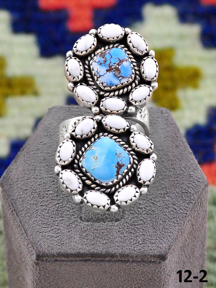 Southwest Handmade White Buffalo with Golden Hills Turquoise & Sterling Silver Adjustable Ring