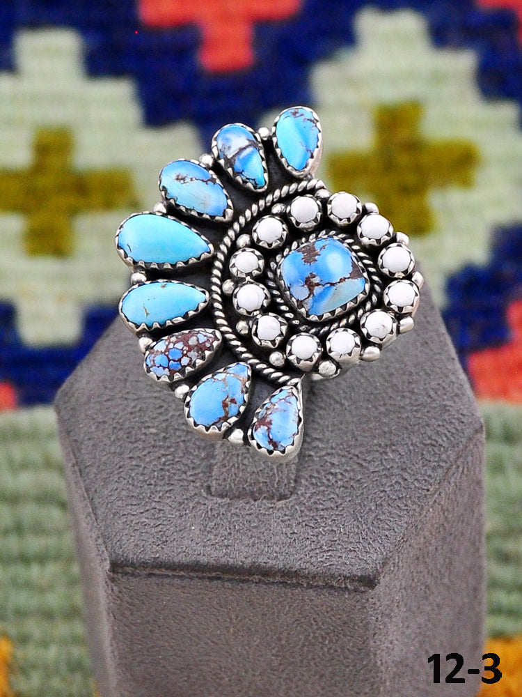 Southwest Handmade White Buffalo with Golden Hills Turquoise & Sterling Silver Adjustable Ring