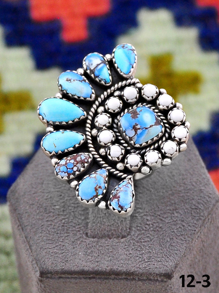Southwest Handmade White Buffalo with Golden Hills Turquoise & Sterling Silver Adjustable Ring