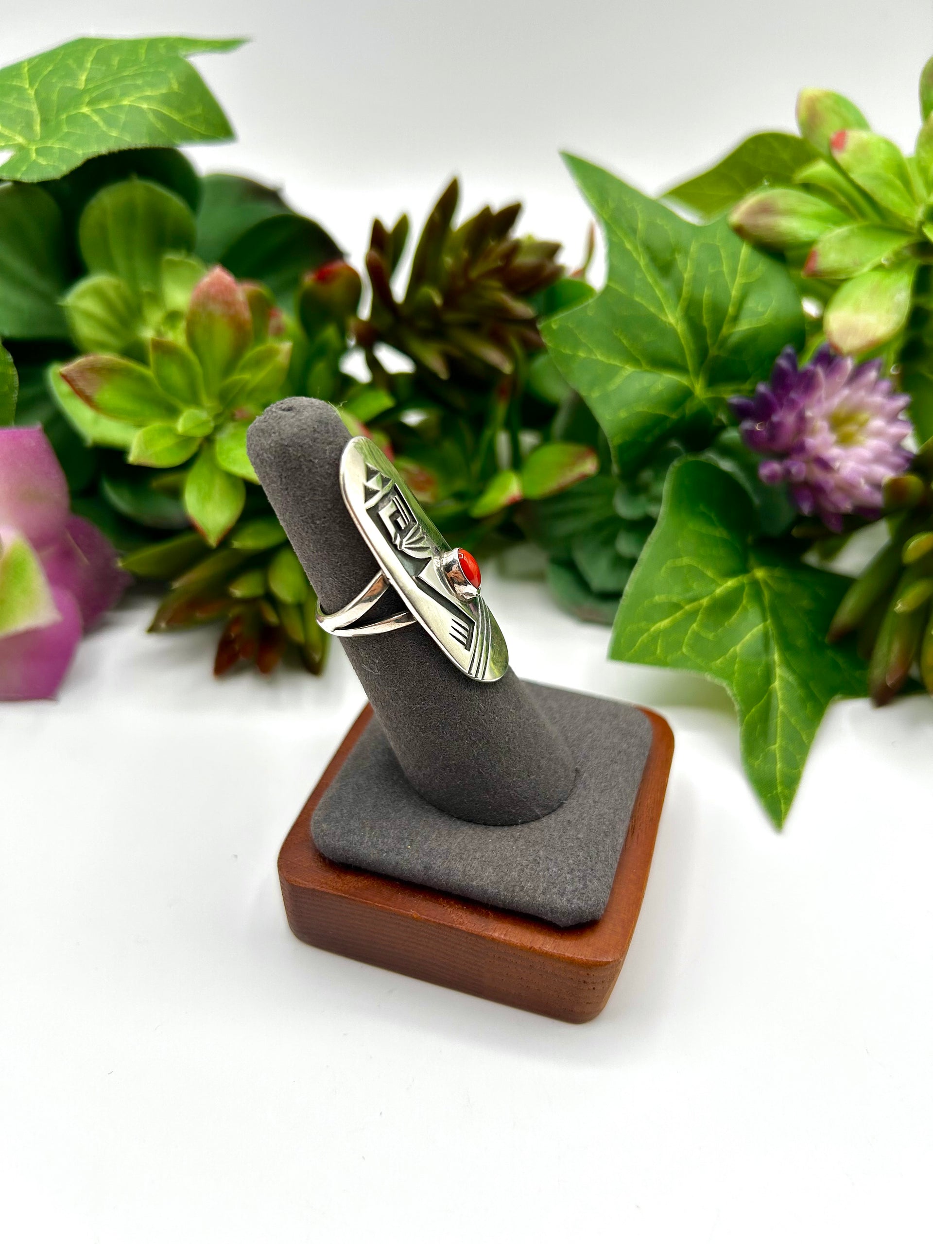 Navajo Made Coral & Sterling Silver Ring Size 5.5