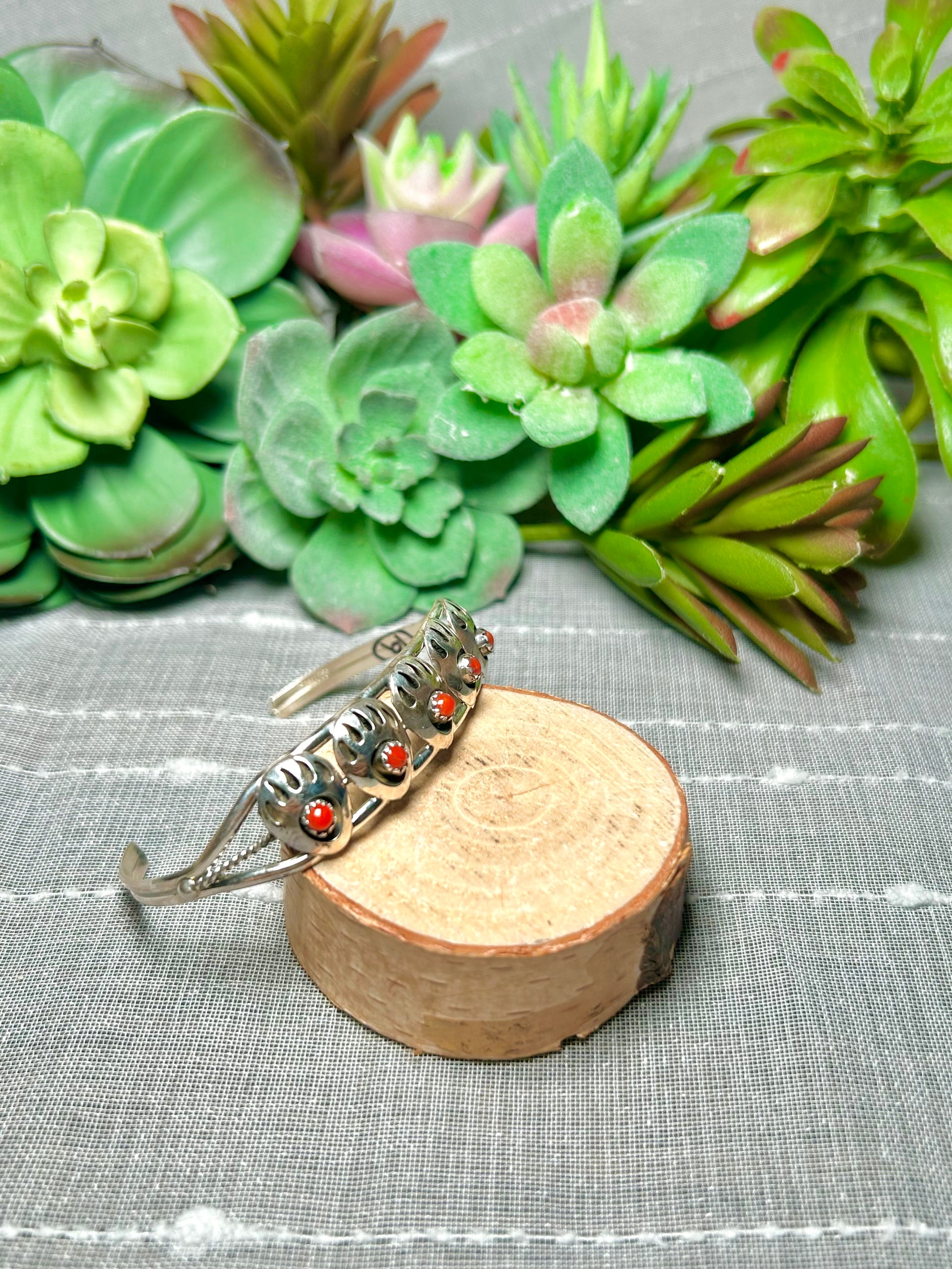 Navajo Made Coral & Sterling Silver Cuff Bracelet