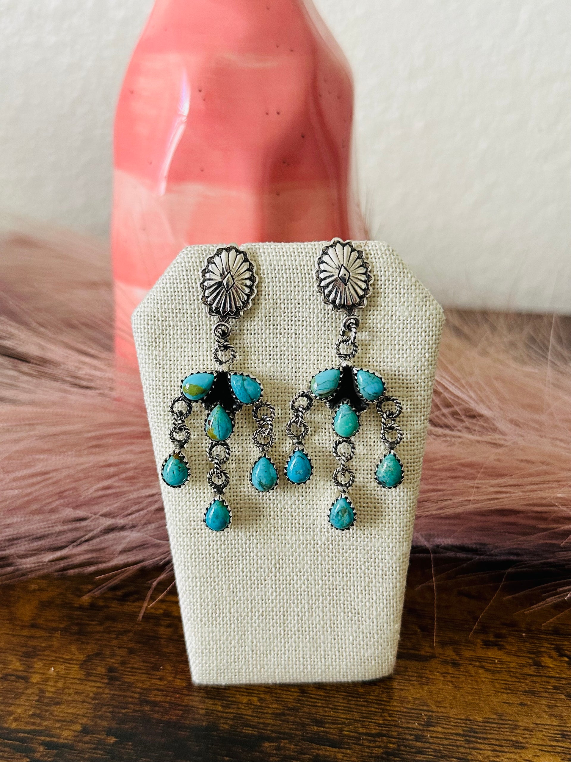 Southwest Handmade Kingman Turquoise & Sterling Silver Post Dangle Earrings