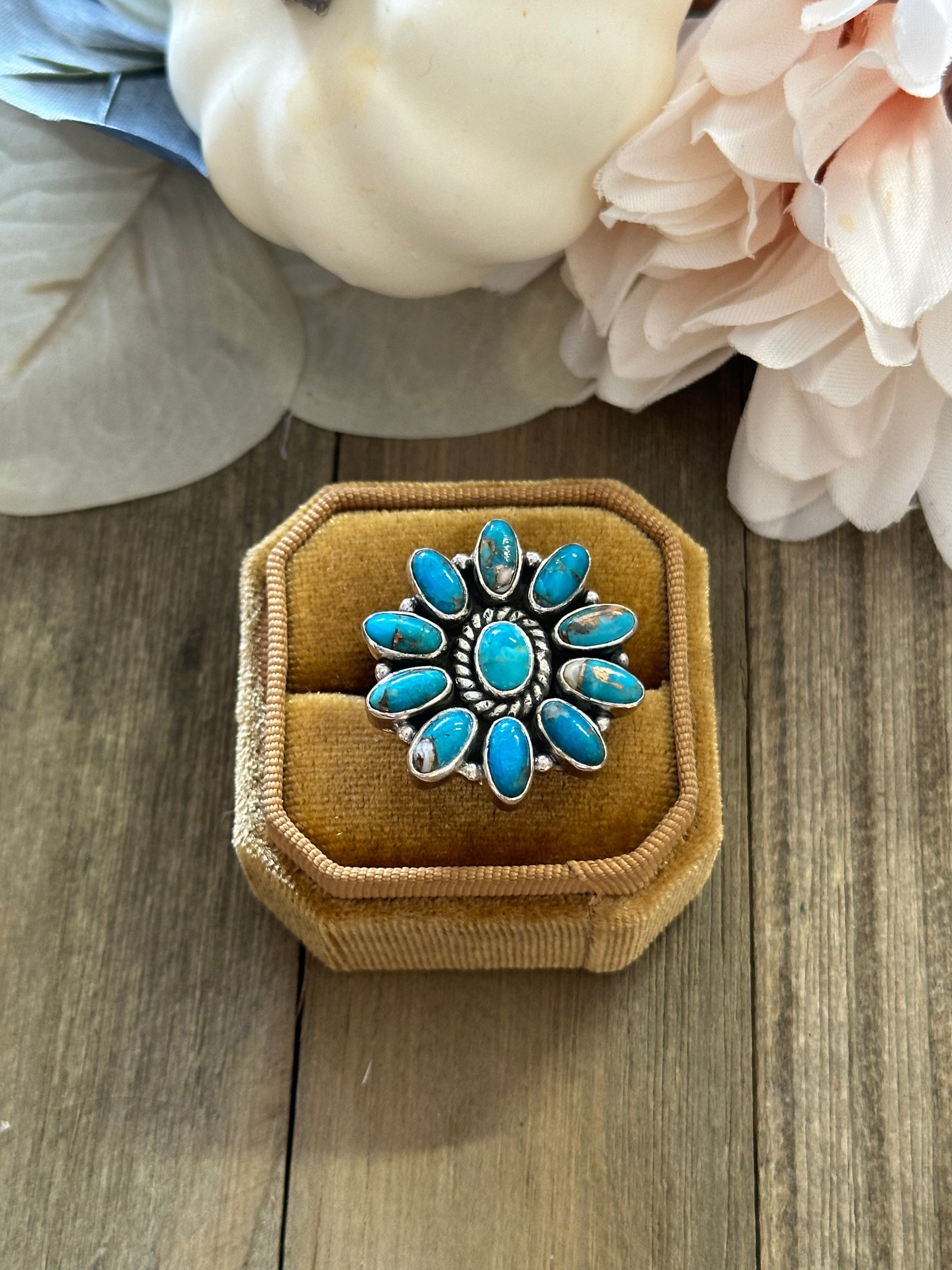 Southwest Handmade Mohave Turquoise & Sterling Silver Adjustable Cluster Ring