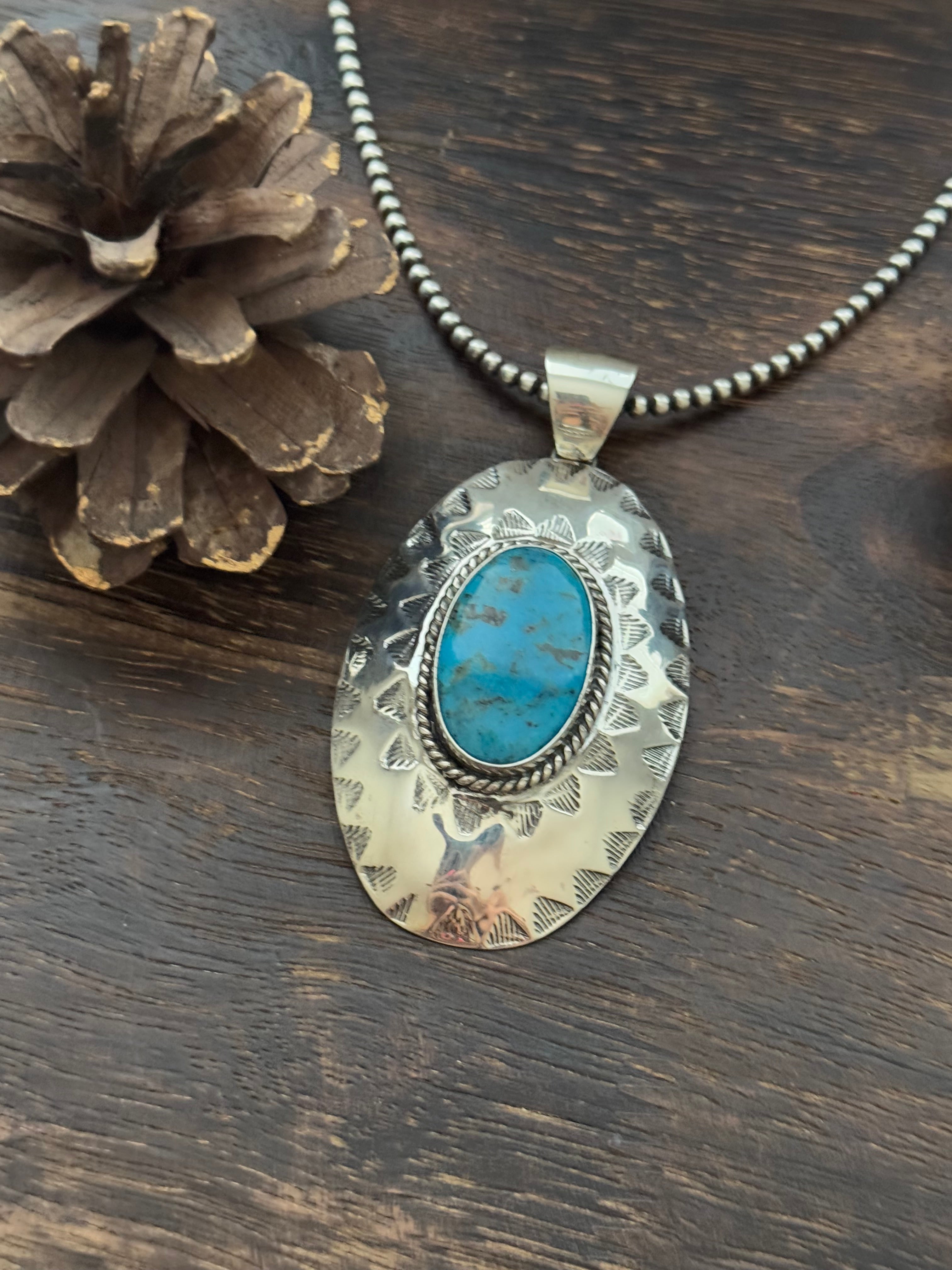 Navajo Made Kingman Turquoise & Sterling Silver Pendant