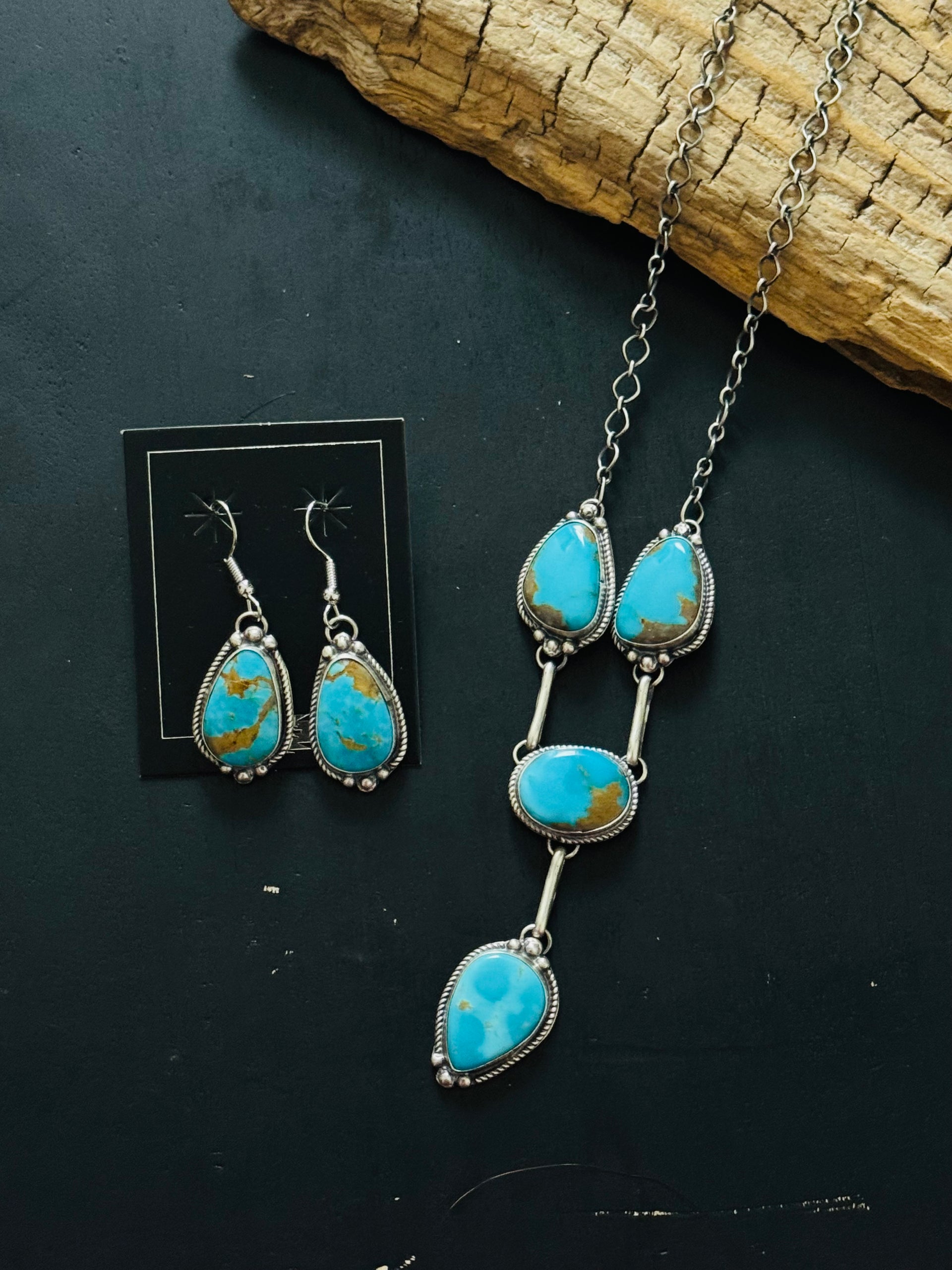 Navajo Made Kingman Turquoise and Sterling Silver Necklace Set
