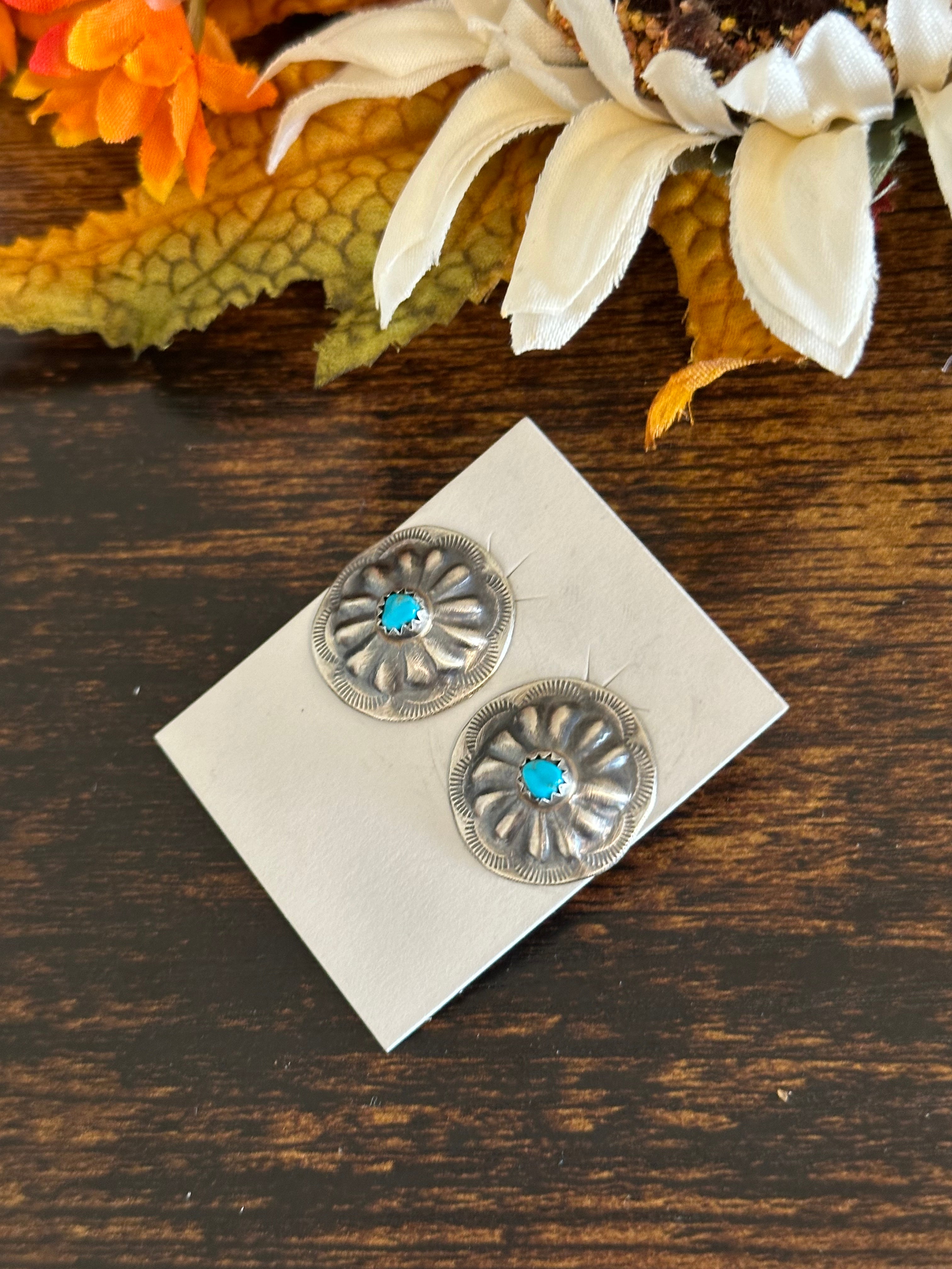 Theresa Smith Kingman Turquoise & Sterling Silver Post Concho Earrings