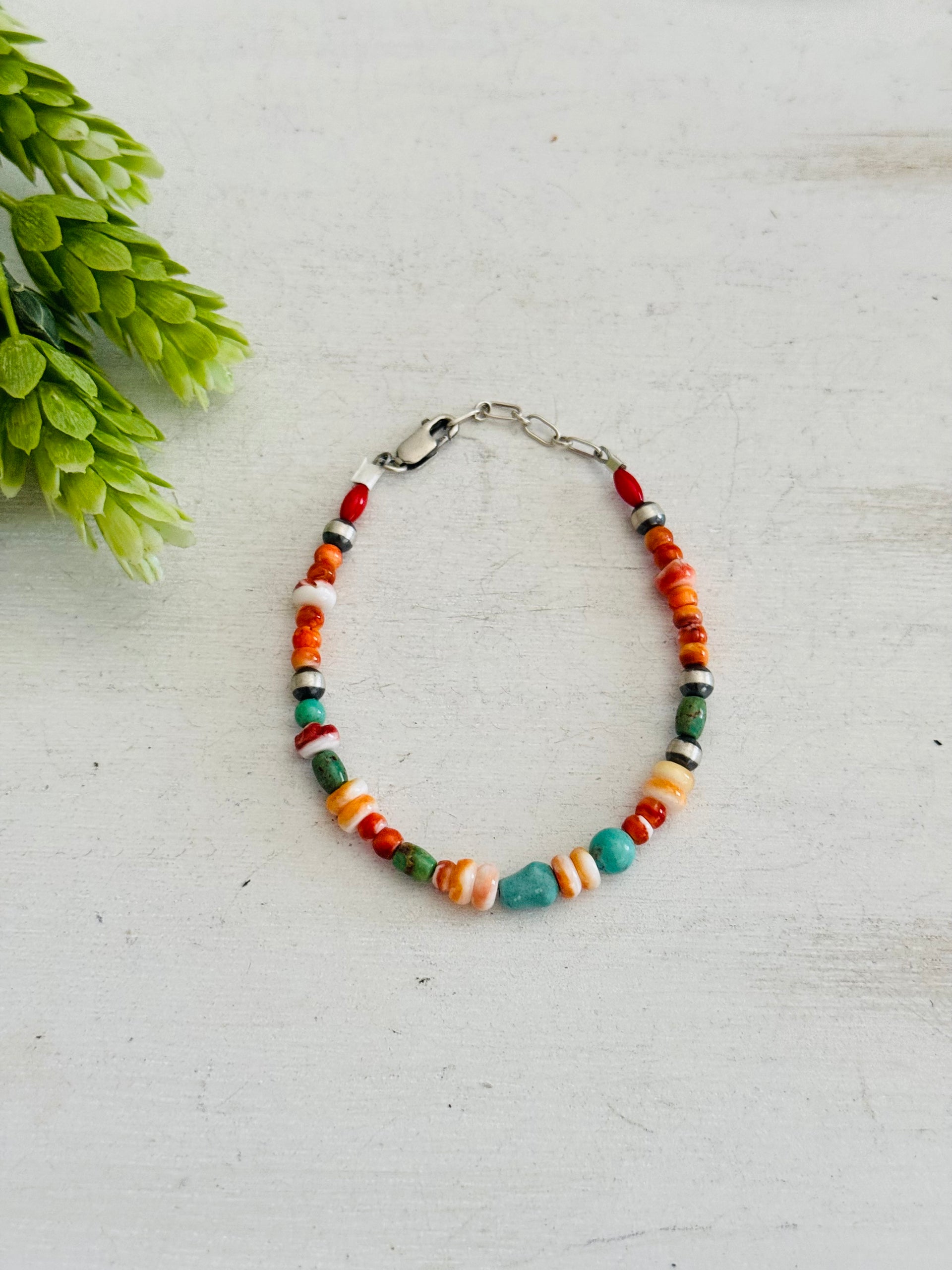 Navajo Strung Multi Stone & Sterling Silver Pearl Beaded Bracelet