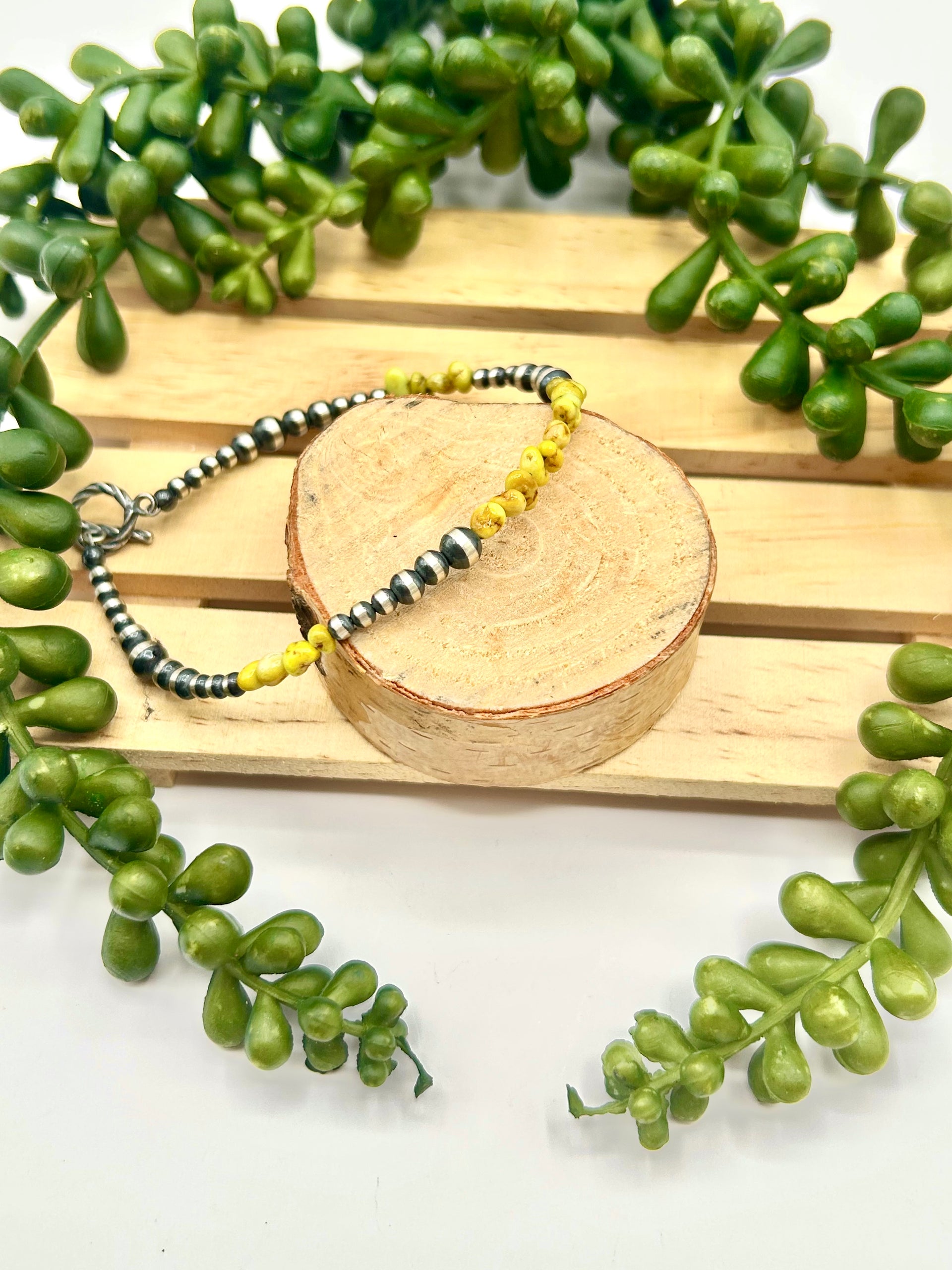 Navajo Made Strung Palomino Variscite & Sterling Silver Link Bracelet